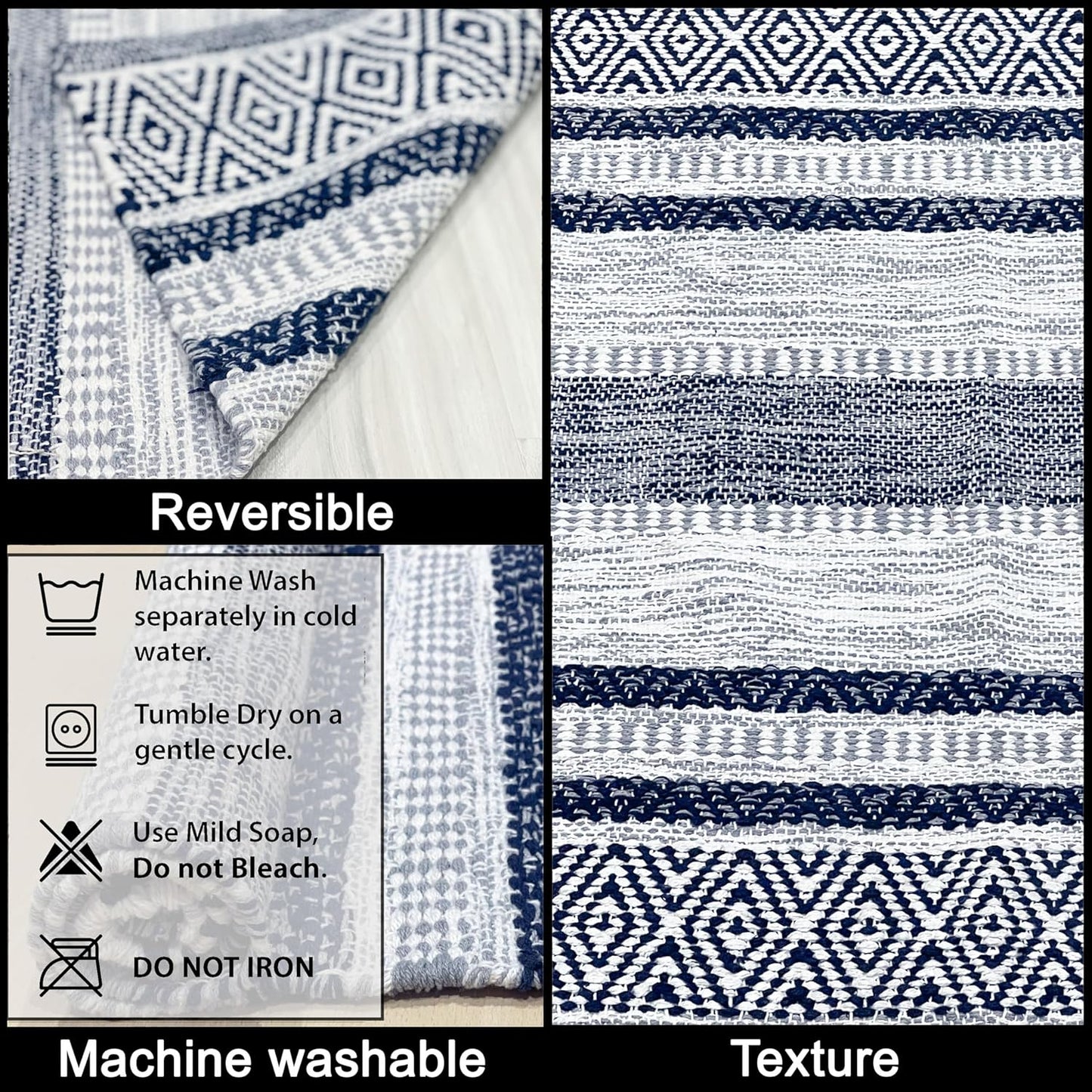 Chardin home Farmhouse Rug 24''x36'' Grey-Navy | Recycled Cotton Hand Woven Rug, Long Boho Rug | Perfect for Hallways, Kitchens, Bathroom, bedrooms, Meditation Yoga Mat | Machine Wash