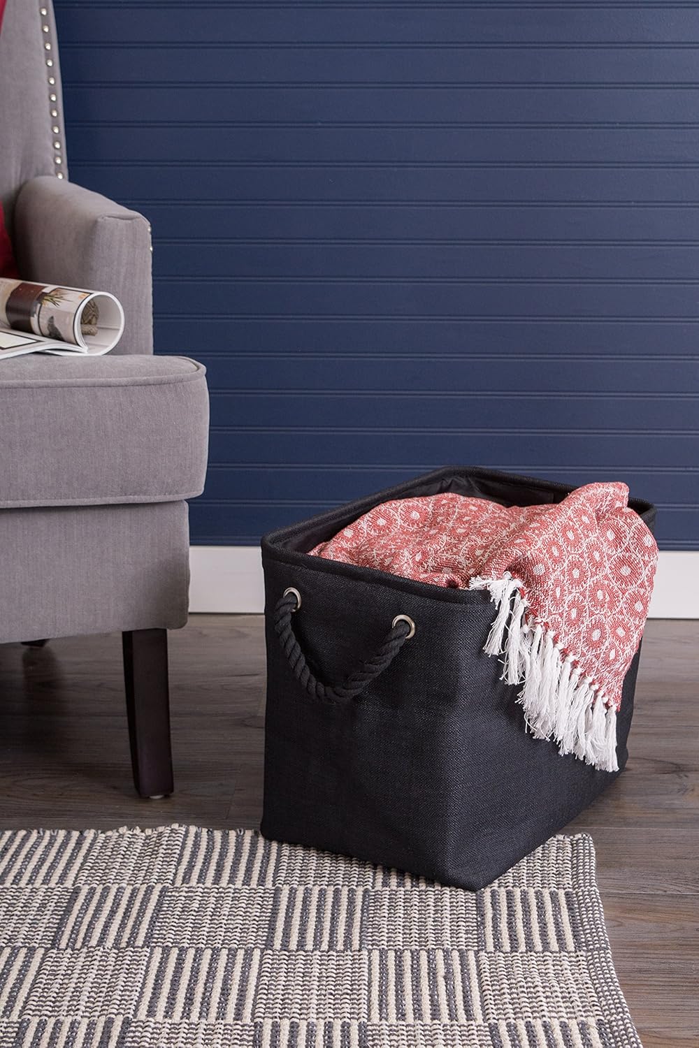 DII, Collapsible Variegated Polyester Storage Bin with Cotton Handles Small Black