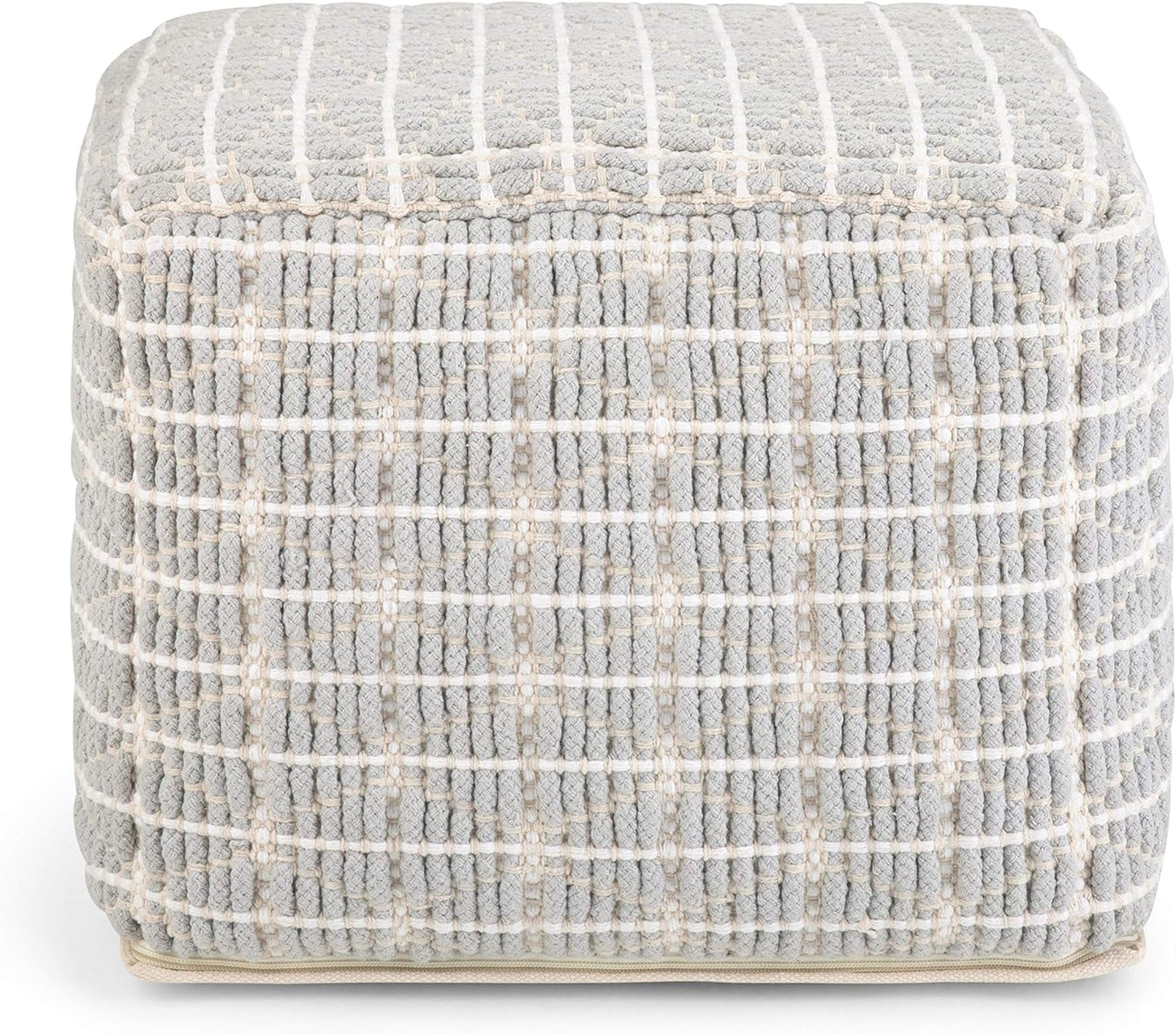 SIMPLIHOME Noreen Square Pouf - 18 inch Wide Upholstered Handwoven Cotton Ottoman in Light Blue and White, Boho Footstool or Extra Seating for Living Room with Polystyrene Filling, Assembled