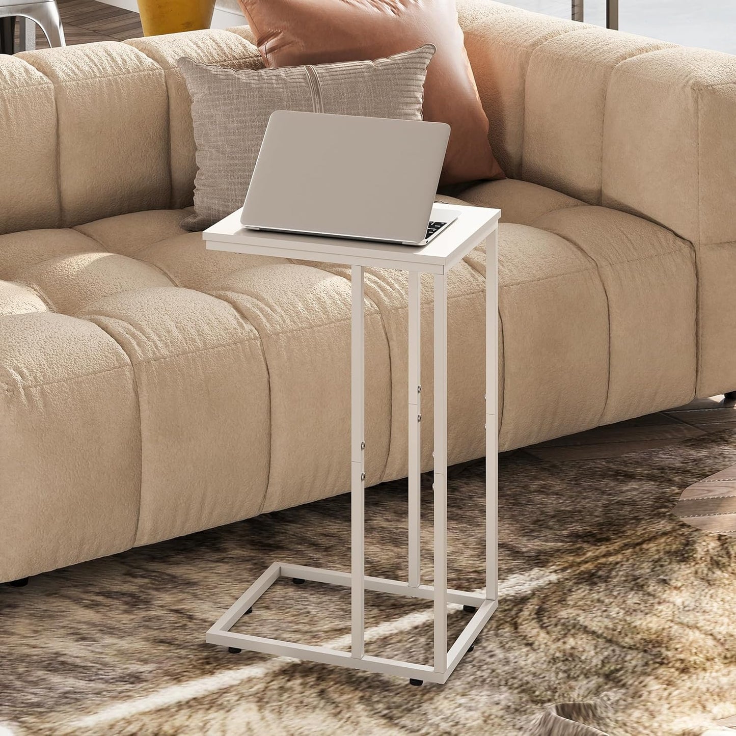WLIVE Side Table, C Shaped End Table for Couch, Sofa and Bed, Large Desktop C Table for Living Room, Bedroom, Creamy White