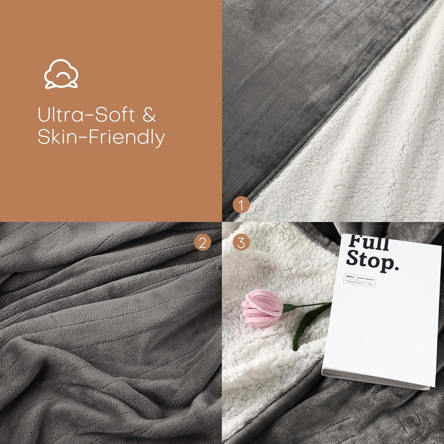 Electric Heated Blanket Throw Size 50"x60" - Flannel & Sherpa Fabric Dual-Sided, Keep Warm All Night, 6 Heat Settings & 1-3 Hours Auto Off, Soft & Cozy, Light Grey