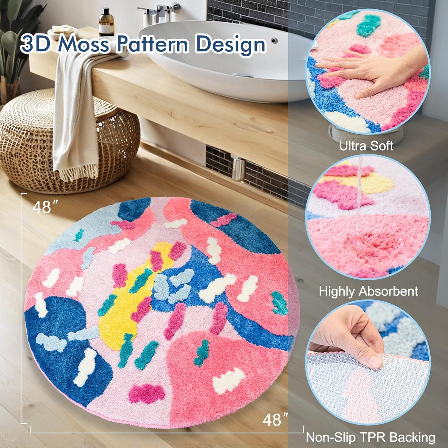 Moss Rug,Circle Mat for Bedroom Aesthetic Cute Shaggy Grass for Reading Nook Bedside Tufted Funky Graphic Kawaii Unique Design 3D Plant Blanket Woodland Carpet 36 inches 4 Ft-Modern Round