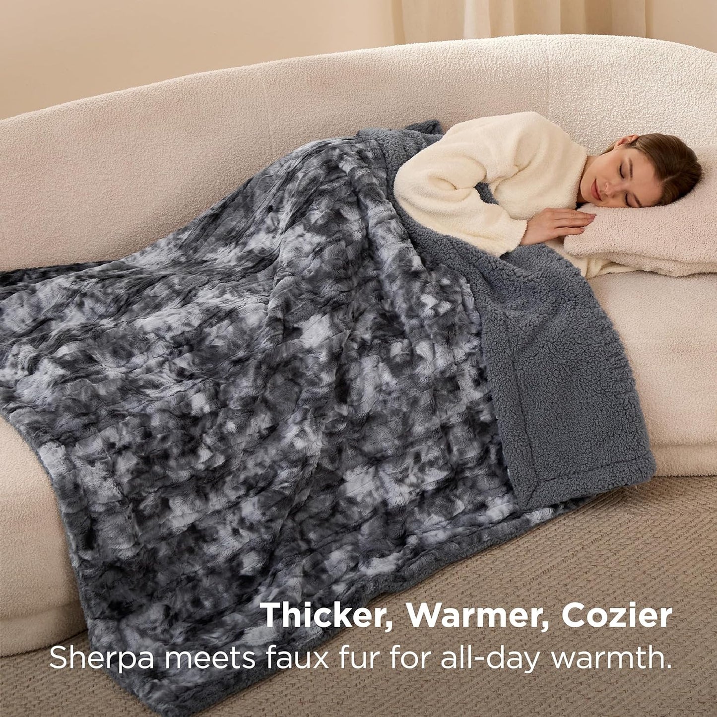 Bedsure GentleSoft Sherpa Fluffy Throw Blanket - Fleece Warm and Cozy Throw for Women Gift, Plush & Fuzzy Faux Fur Blanket for Couch, Sofa, Bed Decor, Tie Dye Design, Grey, 50x60 Inches