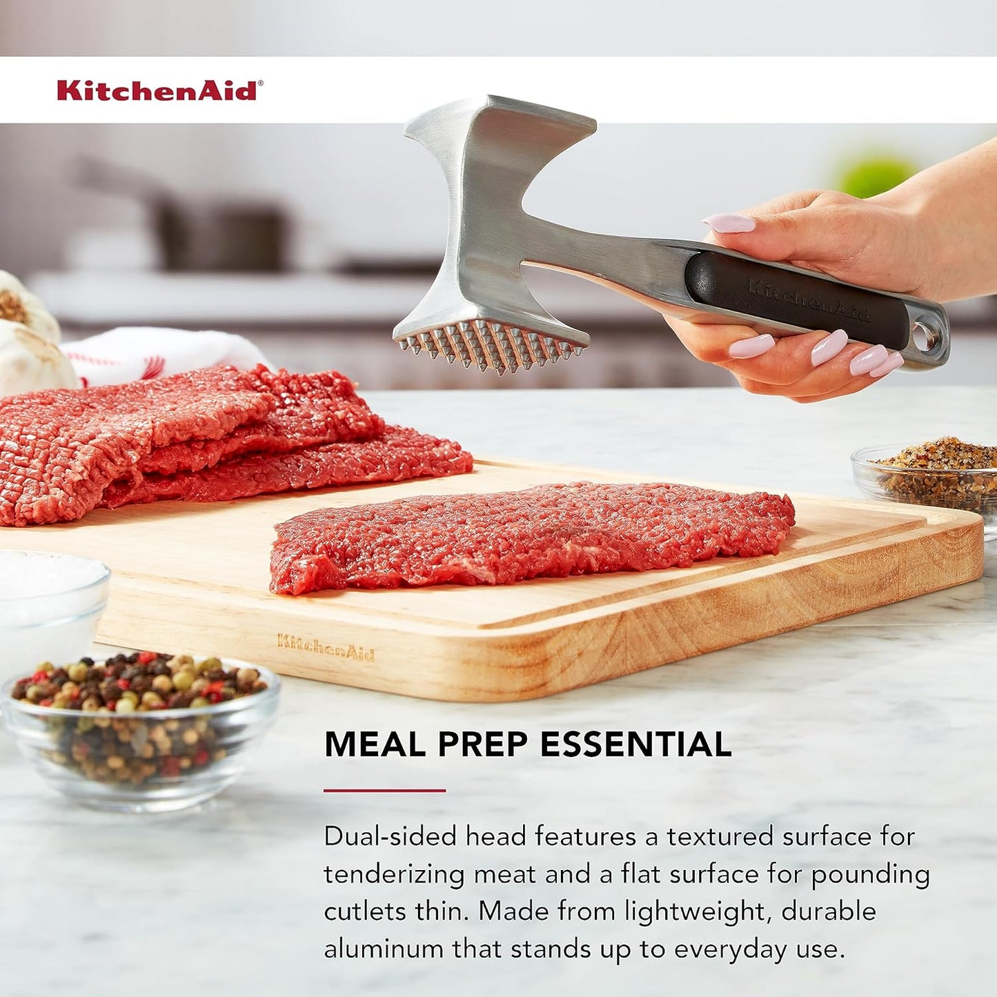 KitchenAid Gourmet Multi Sided Meat Tenderizer for Pounding Meats, Nuts, Shellfish, ect, Hang Hole for Easy Storage, Hand Wash, One Size, Black