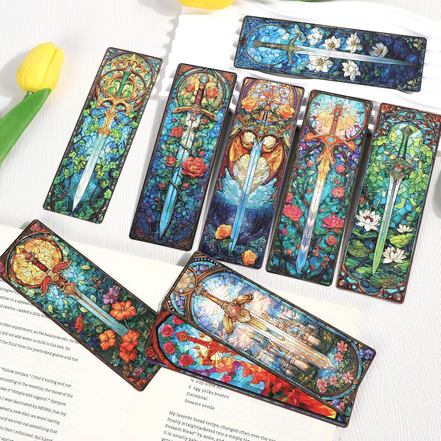Stained Glass Sword Bookmarks - 100 Pcs Cool Fantasy Bookmark Unique Sword Flower Book Marks Book Markers Page Clip GIFS for Women Men Teens Students Teacher Reading Bookworm Bookish
