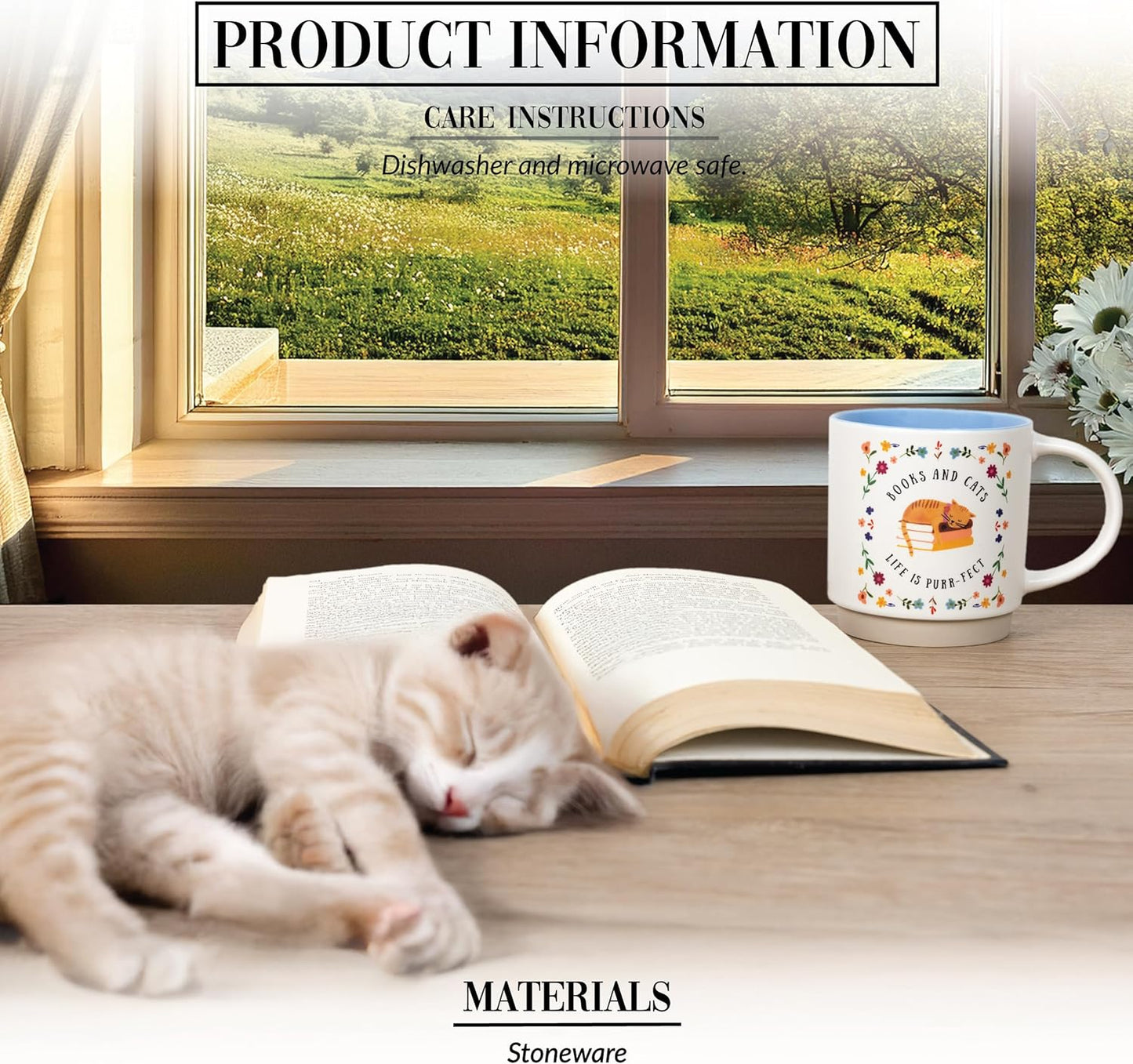 Pavilion Gift Company - Books & Cats - 18 oz Coffee Tea Mug Cat Kitten Feline Cat Lover Cat Parent Cat Mom Cat Dad Books Reading Reader Book Lover Kitchenware Drinkware