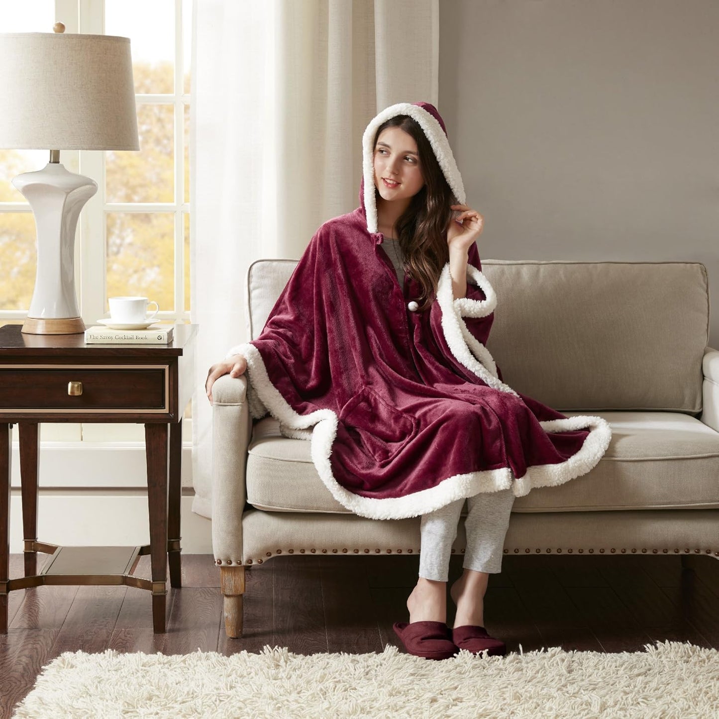 Comfort Spaces Angel Wrap Hooded Wearable Blanket Throw, Ultra Soft Giftable Plush To Sherpa Poncho Blanket Wrap With Pockets, Cozy and Warm Shawl Gift for Her, 58"x72", Red
