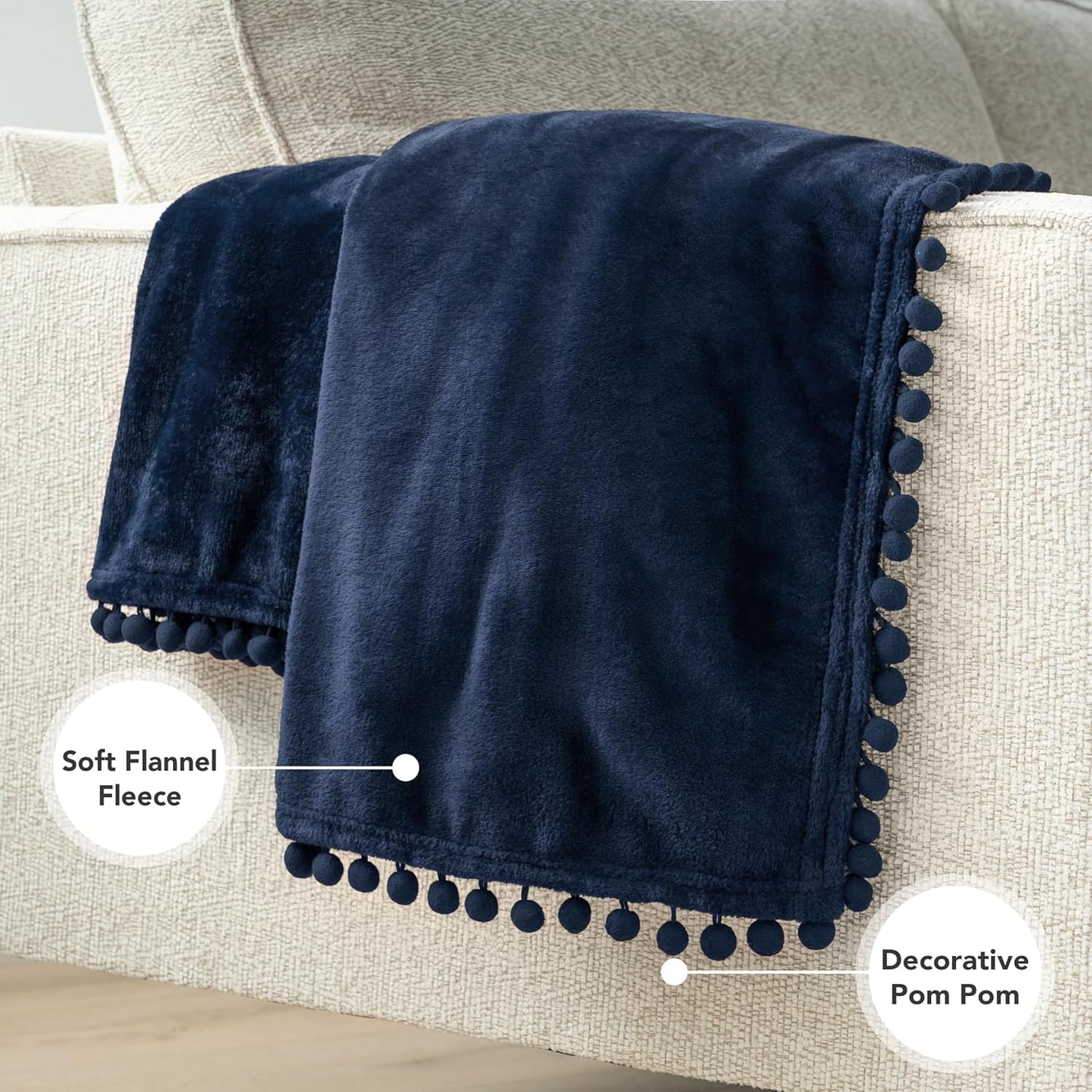PAVILIA Fleece Throw Blanket for Couch with Pom Pom Fringe, Navy Blue, Soft Cozy Fuzzy Flannel Blanket for Sofa Bed, Large Lightweight Plush All Season Throw, 60x80 Inches