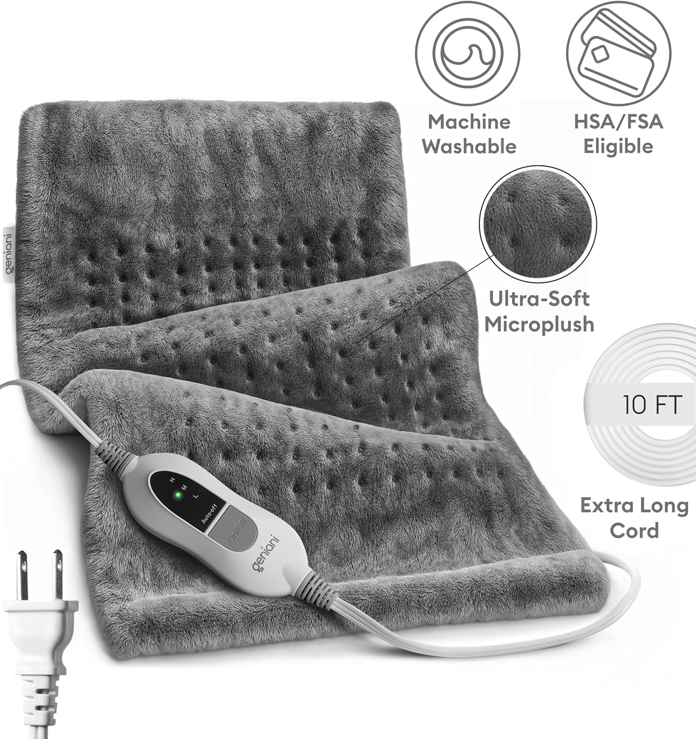 GENIANI Electric Throw - XXL 18"x26" Heating Pad for Back Pain & Cramps Relief, Auto Shut Off, Machine Washable, Heat Pad, for Women, Men, Heat Patches (Tabby Gray)