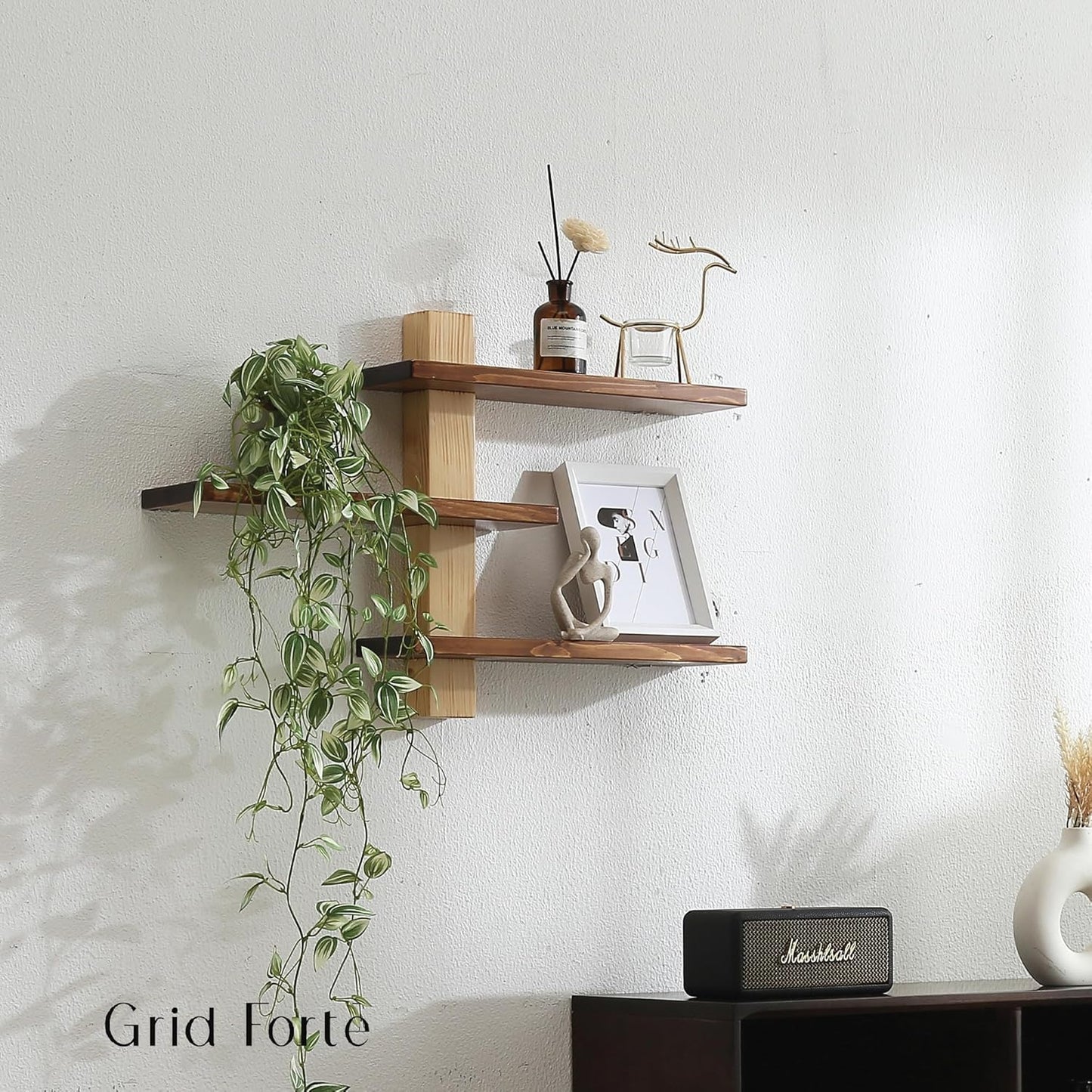 Wood 3 Tier Floating Shelf, Large Minimalist Wall Shelves, Mid Century Modern Furniture, Art Deco, Plant Rock Crystal Shelving for Bedroom Living Room Office Bathroom