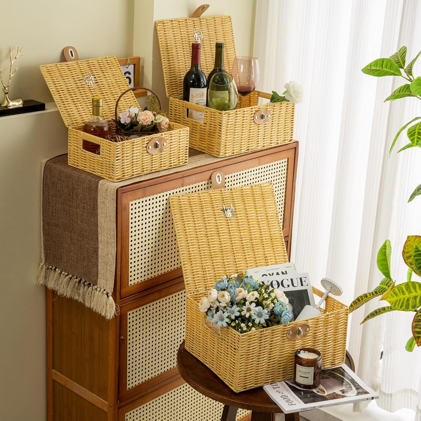 Wicker Storage Baskets with Lids, Set of 3 Decorative Storage Boxes For Organizing, Woven Baskets with Leather Lock and Handles (Beige)