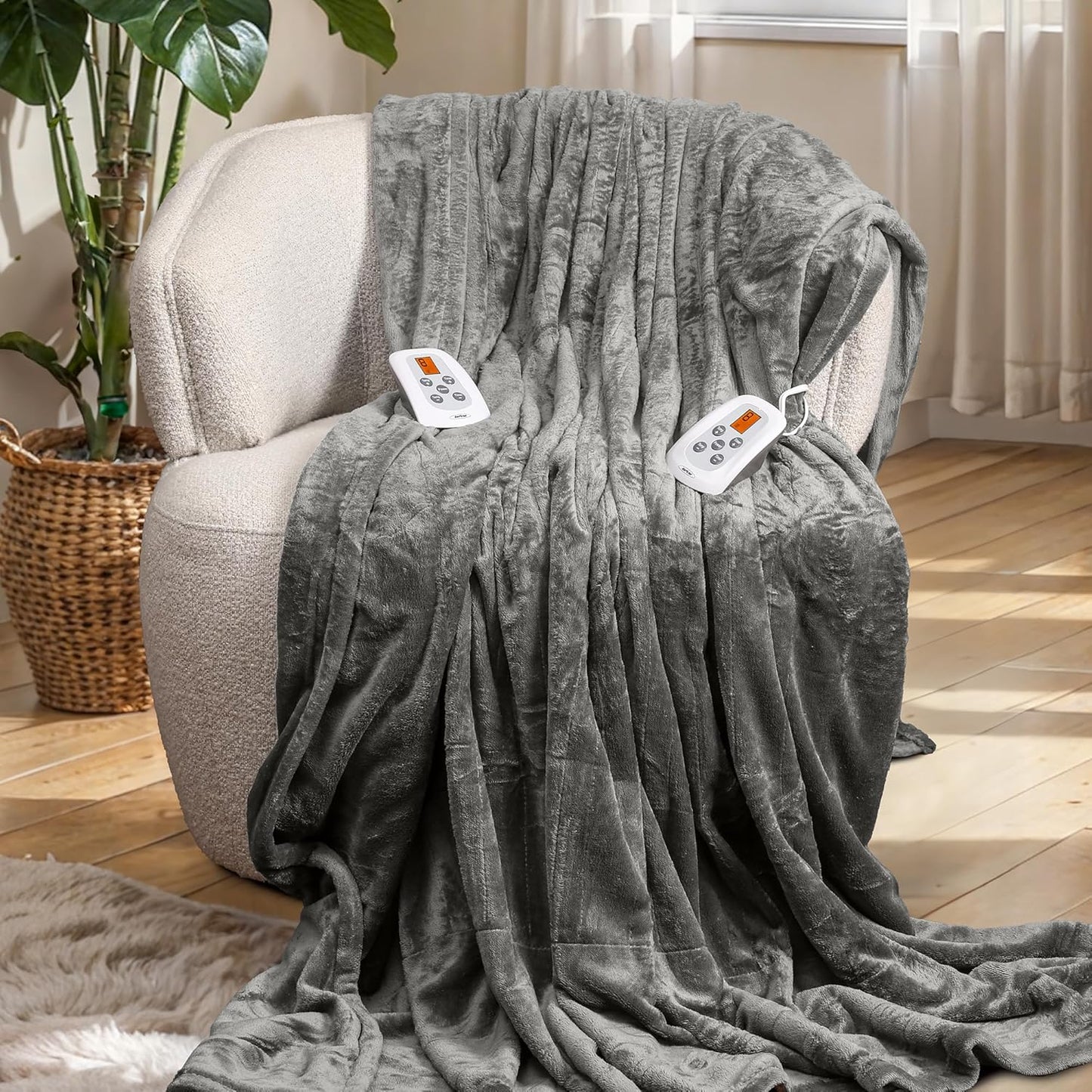 SUNVIVI Electric Blanket King Size, Heated Blanket Dual Control Soft Flannel, 10 Heat Settings, 12 Hours Auto Off, Machine Washable, 5 Years Warranty, Overheat Protection, ETL Certified, Grey