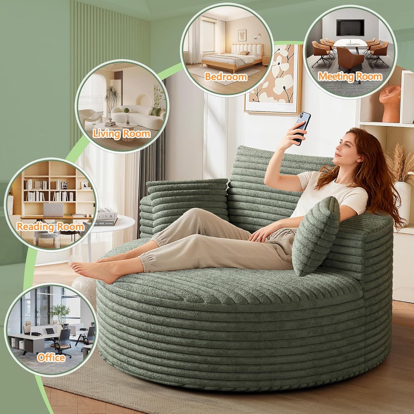 50" Oversized Round Chair Lounge Chaise Indoor, Modern Upholstered Corduroy Cloud Circle Chair with Deep Seat, Comfy Fluffy Sleeper Sofa for Reading, Living Room, Bedroom, No Assembly, Green