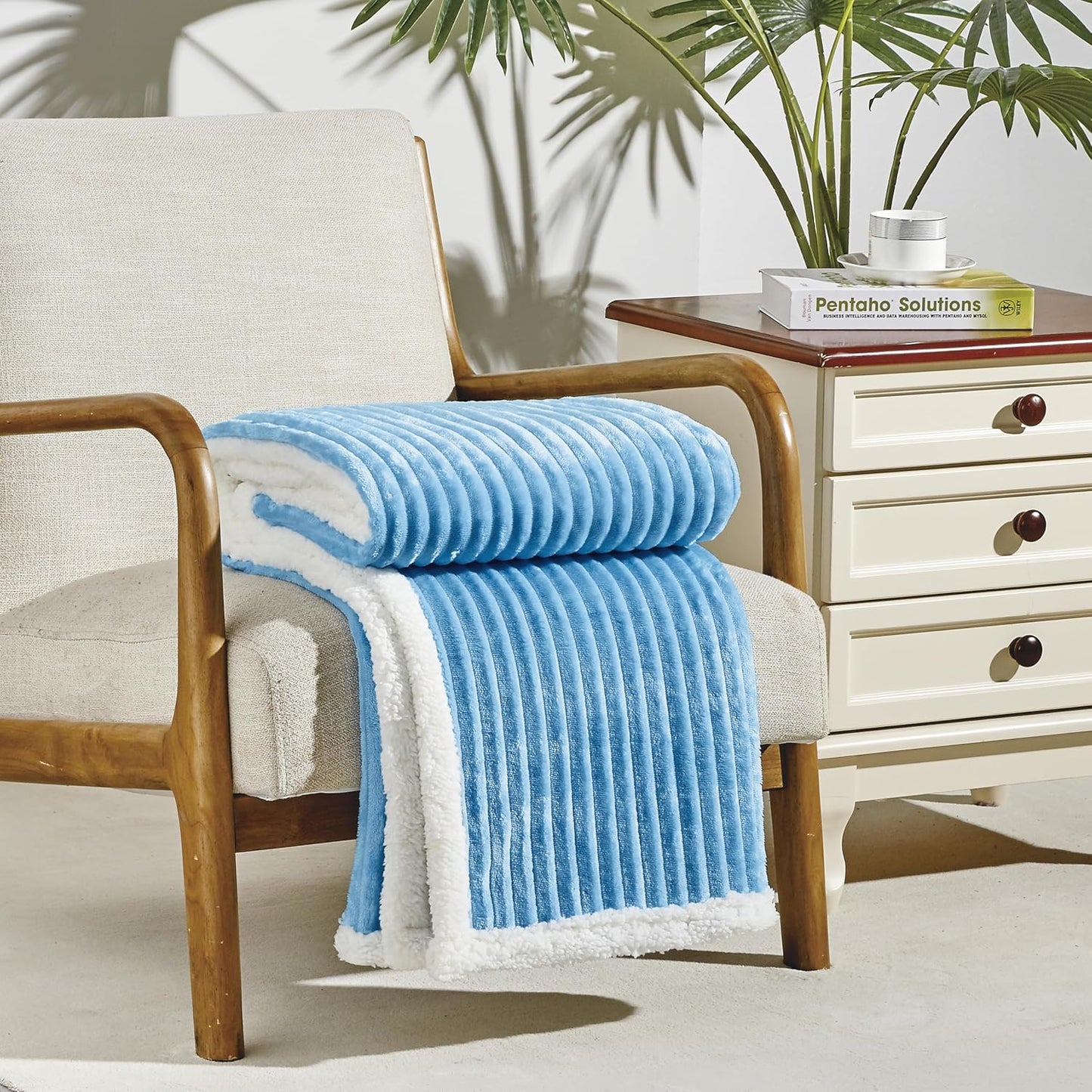 Elegant Comfort Corduroy Sherpa Reversible Throw Blanket, Medium Weight and Super Plush - Soft, Fuzzy and Plush Flannel Blanket - Micro-Suede - Corduroy Striped Pattern, 50 x 60 Inch Throw, Light Blue