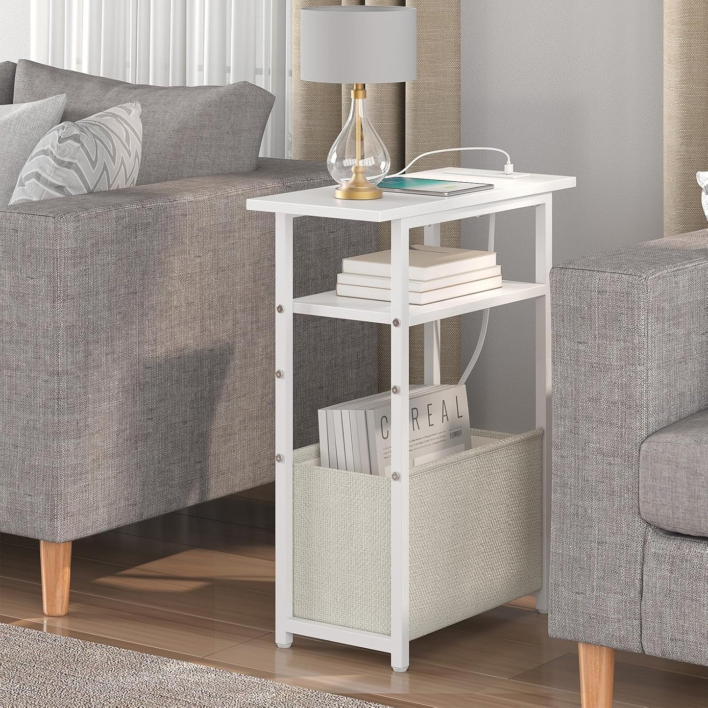 Narrow Side Table with Charging Station, Small End Table for Small Spaces, Skinny Nightstands with Storage Basket, 3 Tier Sofa Couch Bedside Tables for Living Room,Bedroom, White