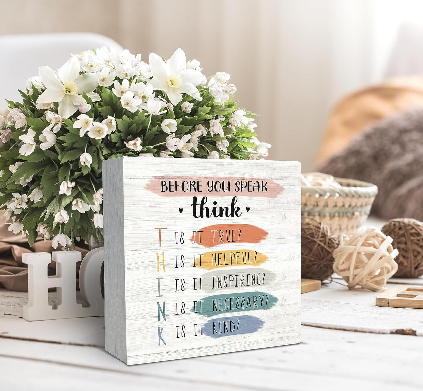 SRADMO Classroom Decor,Before You Speak Think Wood Box Sign Desk Decor,Inspirational Wooden Block Box Sign Decoration For Classroom Therapy Office School Counseling Office Shelf Table Decor