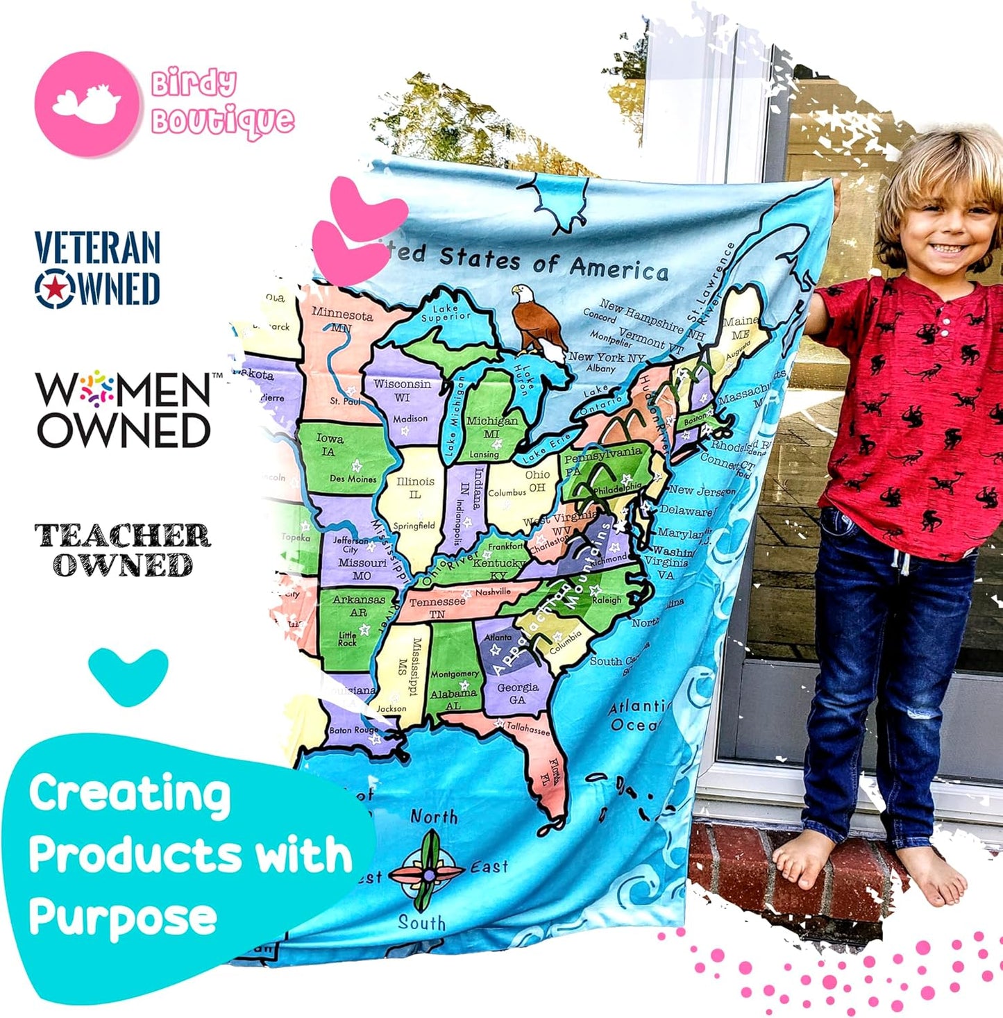 Birdy Boutique – 50 States Learning Blanket® – Double-Sided Throw – U.S. Geography Educational Blanket for Kids – Soft Minky Fleece 50" x 60" PreschoolBlanket – USA Map & State Facts for Toddlers