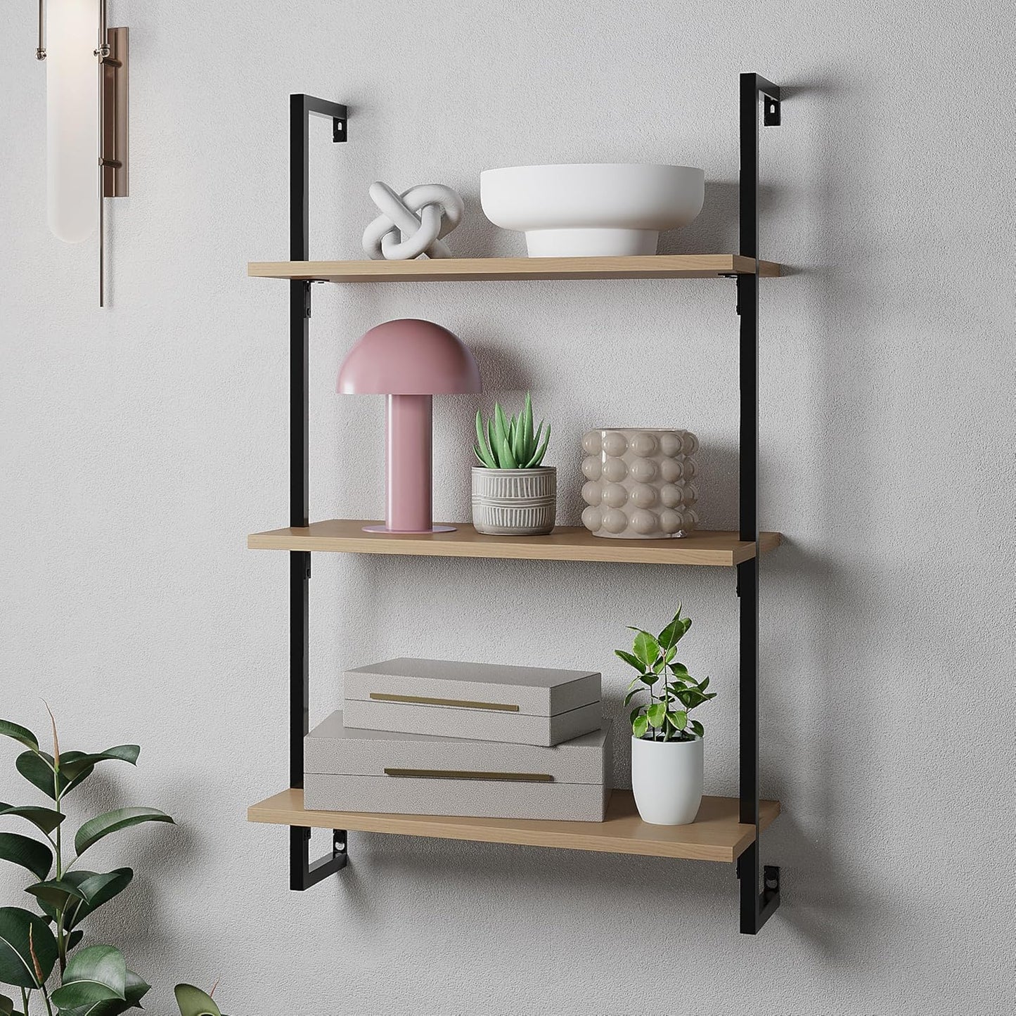 happimess MSH1000B Madera 40.55" Classic Industrial 3-Shelf Wood Wall-Mounted Open Ladder Bookcase with Metal Frame, Light Oak/Black
