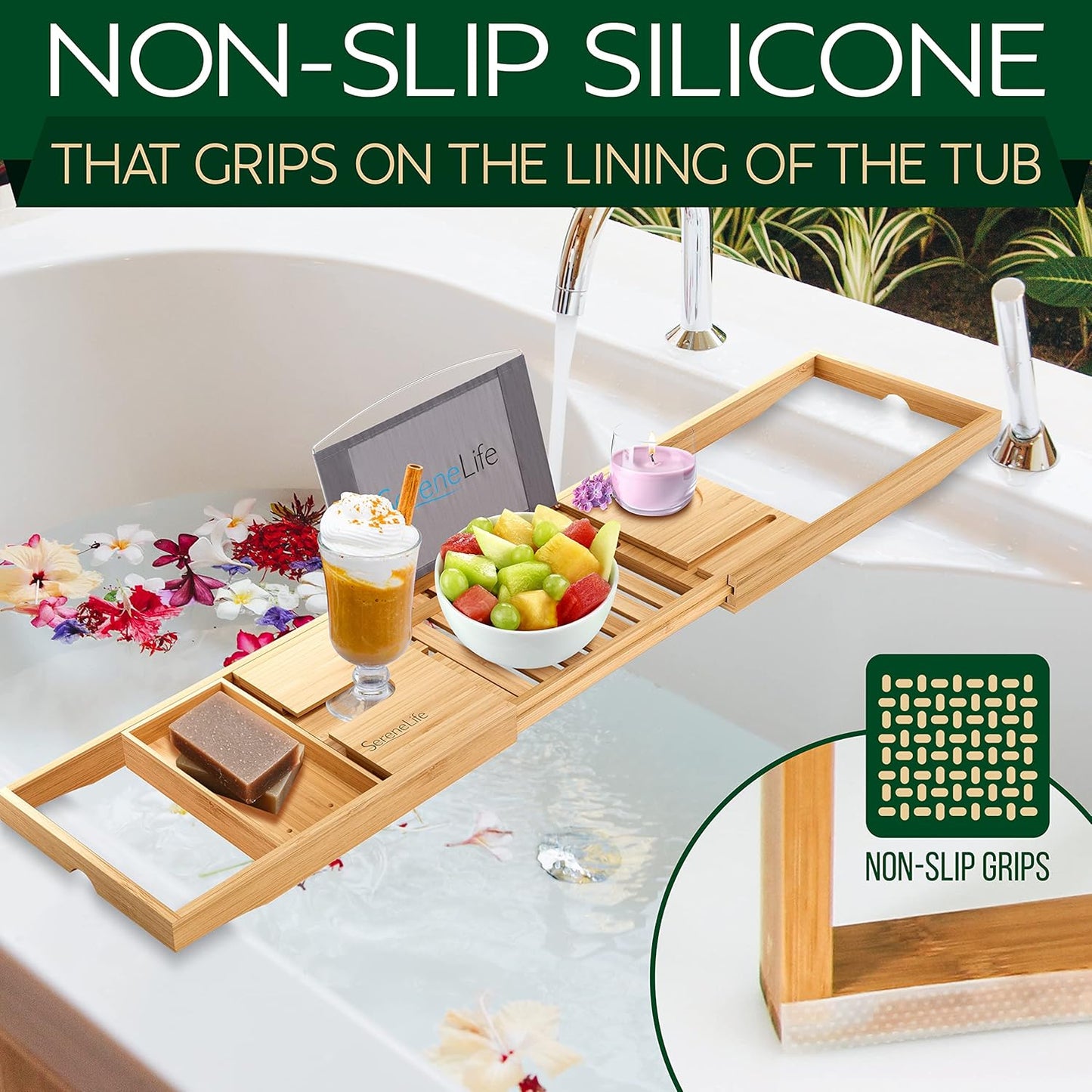 SereneLife Luxury Bamboo Bathtub Caddy Tray - Adjustable Natural Wood Bath Tub Organizer with Wine Holder, Cup Placement, Soap Dish, Book Space & Phone Slot for Spa, Bathroom & Shower - SLBCAD20