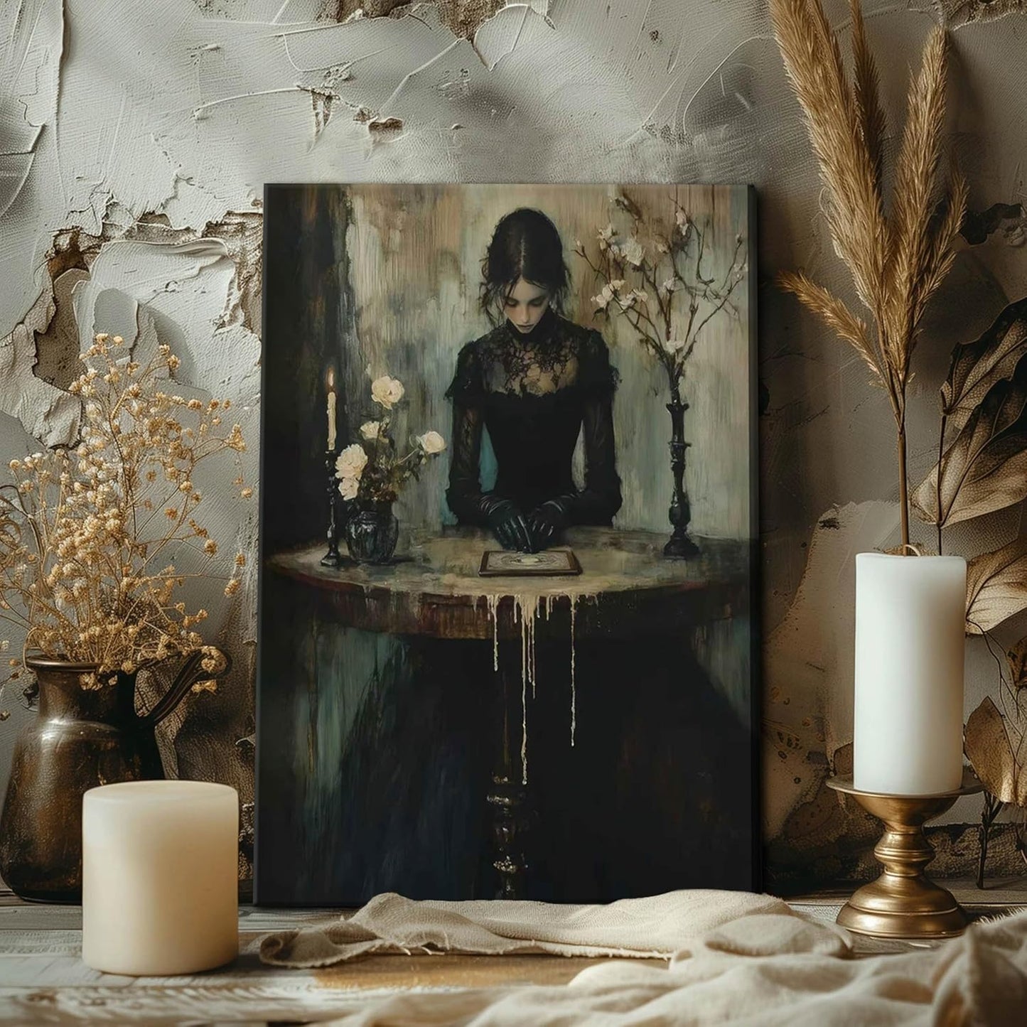 Dark Academia Wall Art, Moody Gothic Victorian Canvas Wall Decor Painting, Vintage Creepy Aesthetic Artwork Poster Prints Pictures for Living Room Bedroom 16x24 Inch Framed
