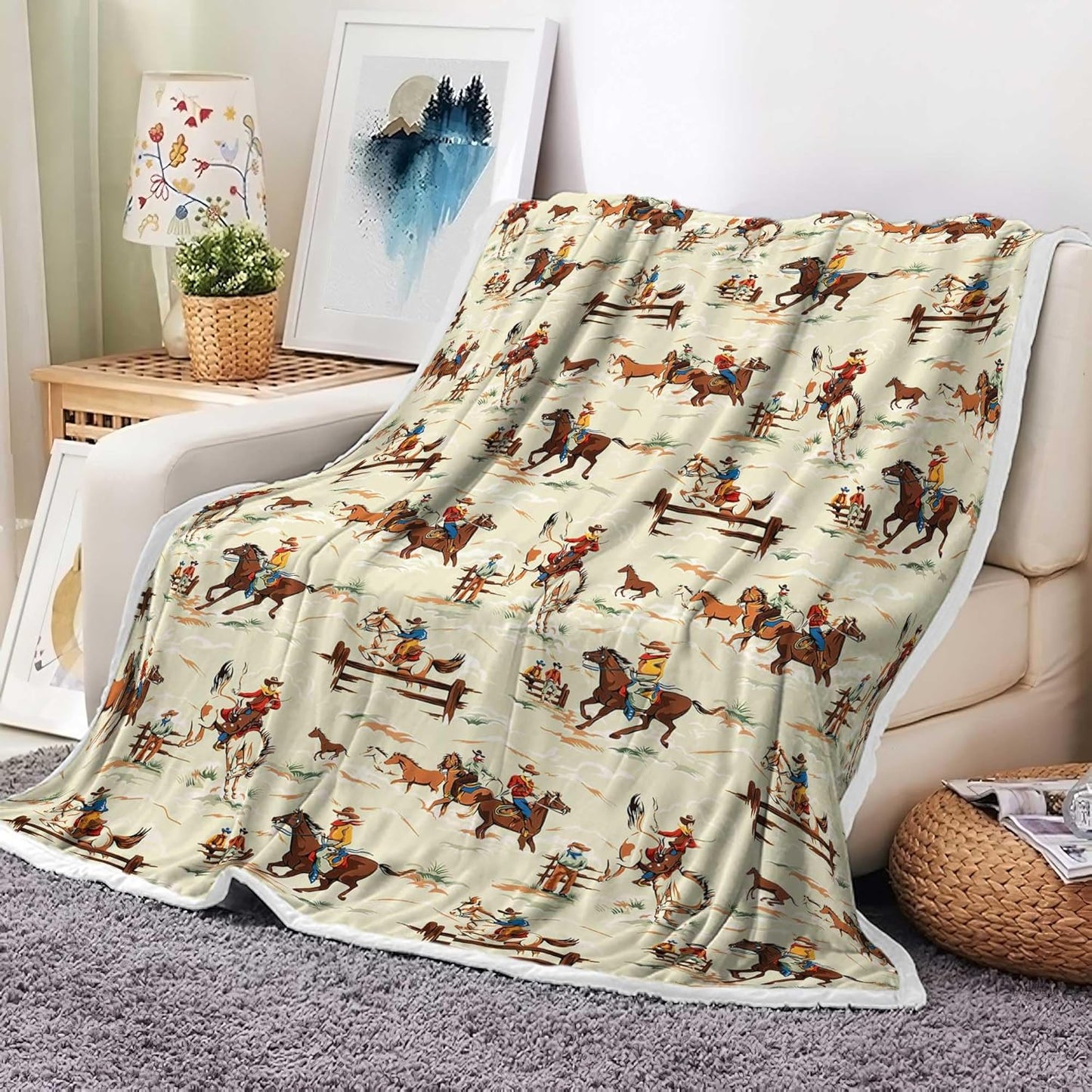 Western Cowboy Throw Blanket, Native American Boho Throw Blanket for Couch Sofa Bed, Warm Cozy Fleece Flannel Throws and Blankets Livingroom Bedroom Decor 50"x60"