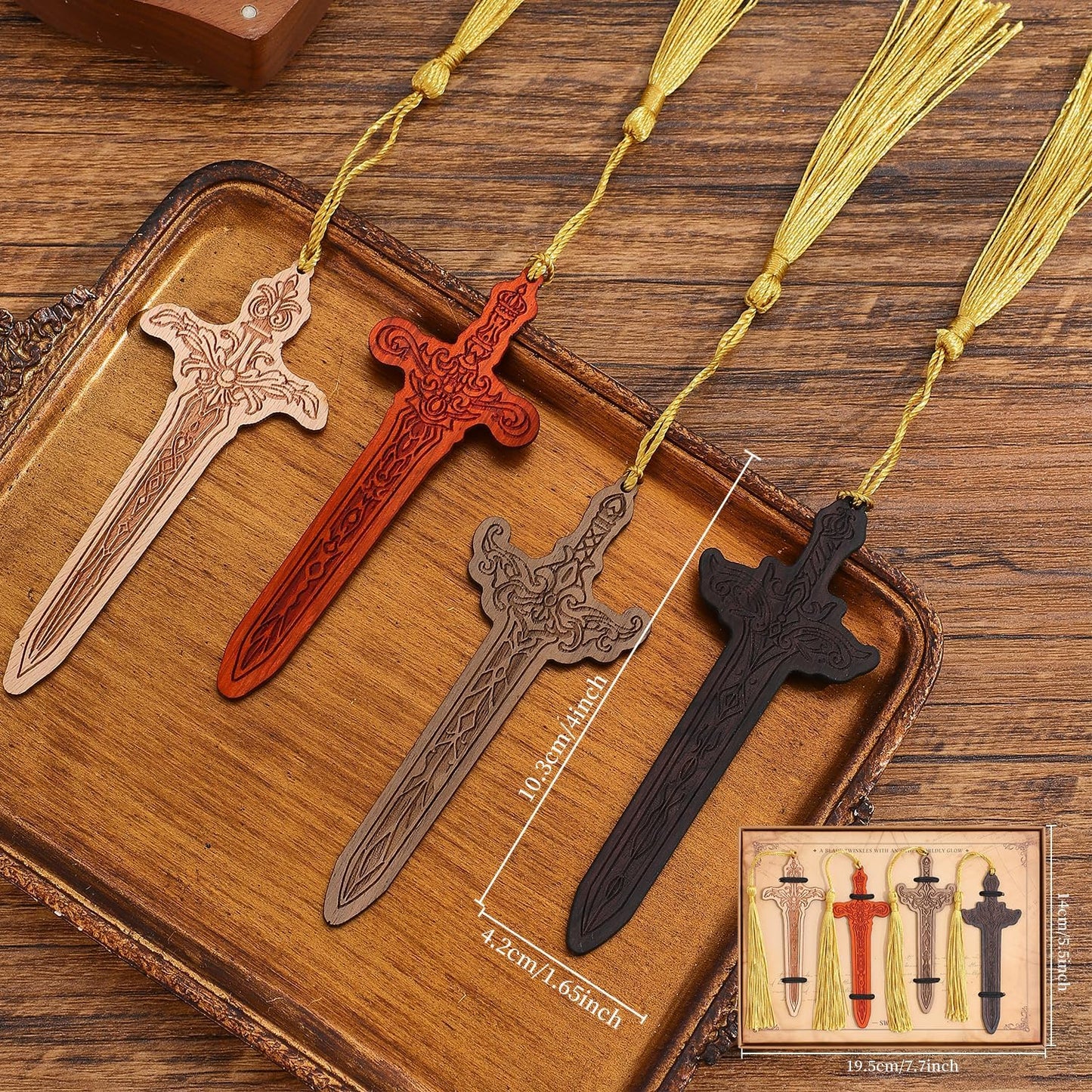 4 Pieces Sword Bookmarks with Tassel, Vintage Bookmarks for Reading, Personalized Wooden Bookmark, Unique Pattern Bookmark Engraved, Birthday Gift for Men, Women, Girls, Boys