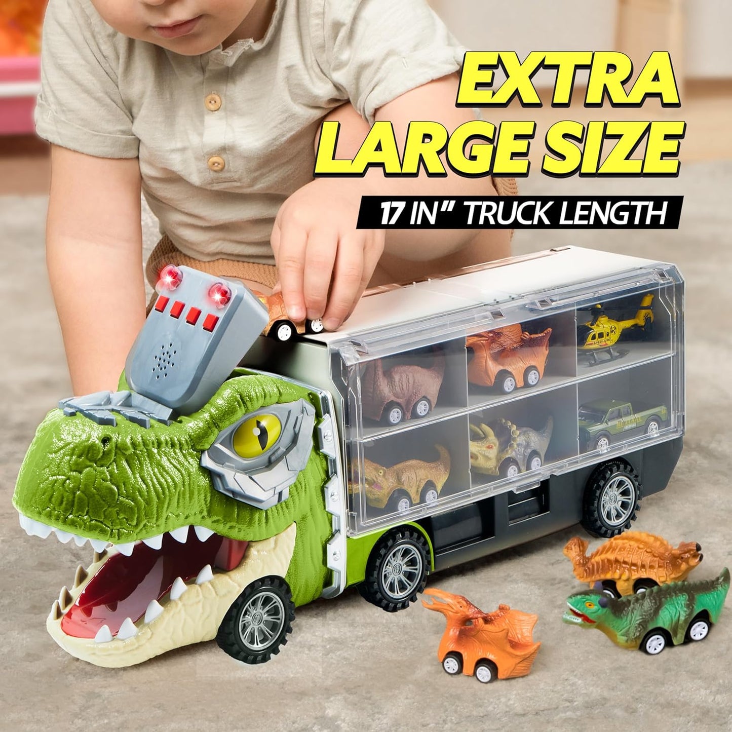 JOYIN 13 in 1 Dinosaur Toys for Kids 3-5, Dinosaur Truck with 12 Pull Back Cars, Birthday Gifts Toys for 3 4 5+ Year Old Boy, Transport Carrier Truck for Toddlers, Easter Kids Gifts