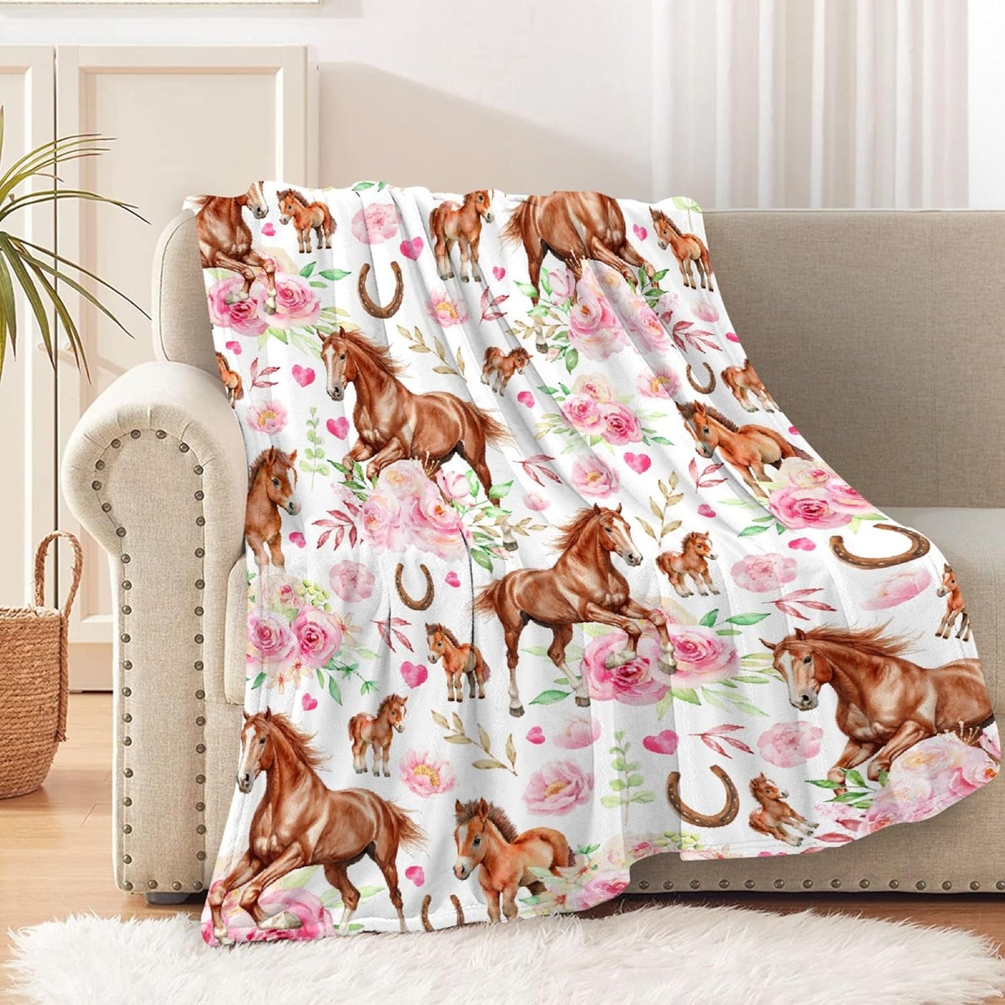 Horses Floral Blanket Gifts for Boys Girls, Ultra Soft Horse Throw Blanket, Lightweight Horse Stuff Warm Plush Throw for Couch Travel 40"x50" for Kids