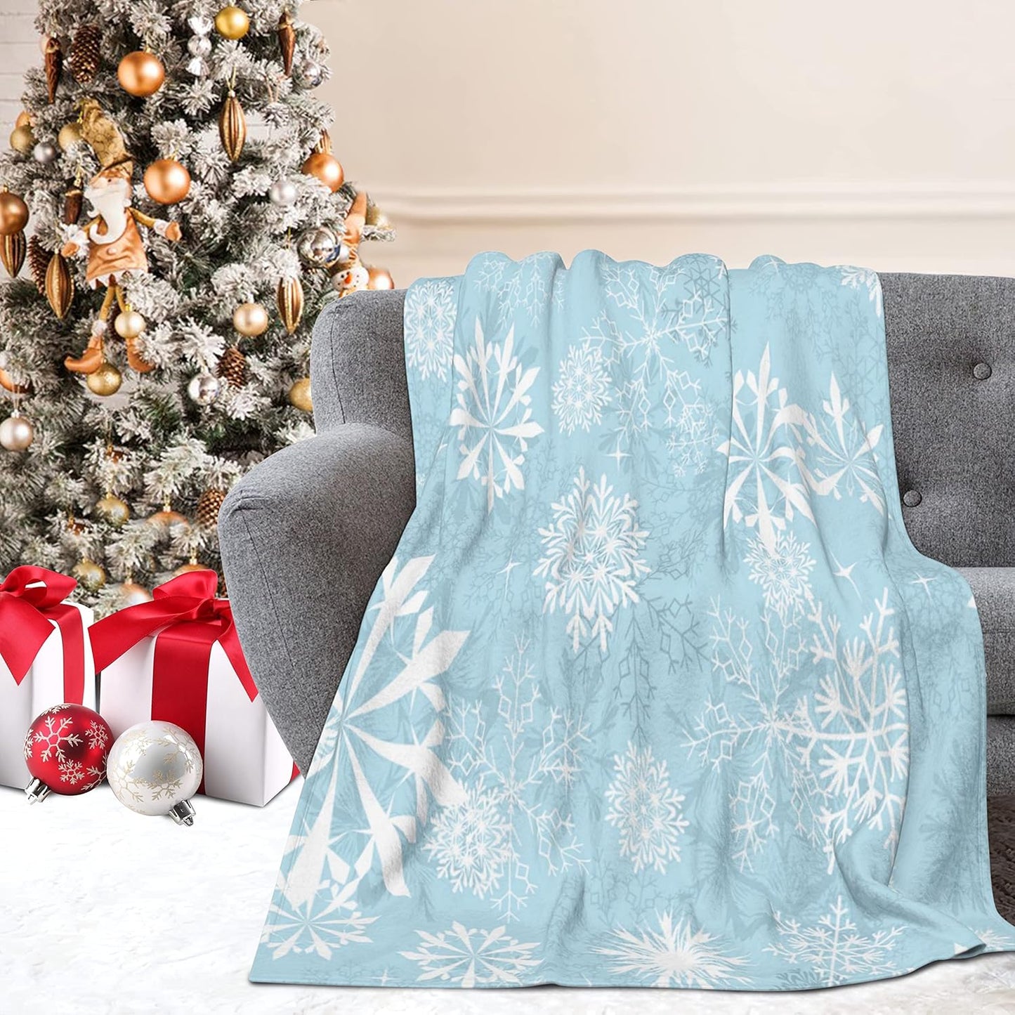 Christmas Throw Blanket for Couch Sofa Blue Snowflake Soft Warm Cozy Fleece Holiday Throw Blanket, Home Decor, Lightweight 40x50 Inches