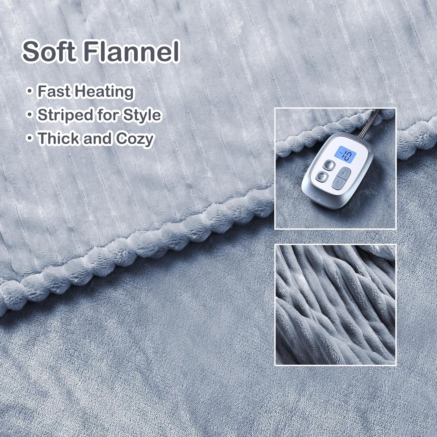 Electric Heated Blanket Full Size 72"x84",Fast Heating Throw, Soft Striped Flannel for Bed & Couch, 1-12 Hours Auto Off & 12 Heating Levels, Machine Washable, Gifts for Family-Light Gray