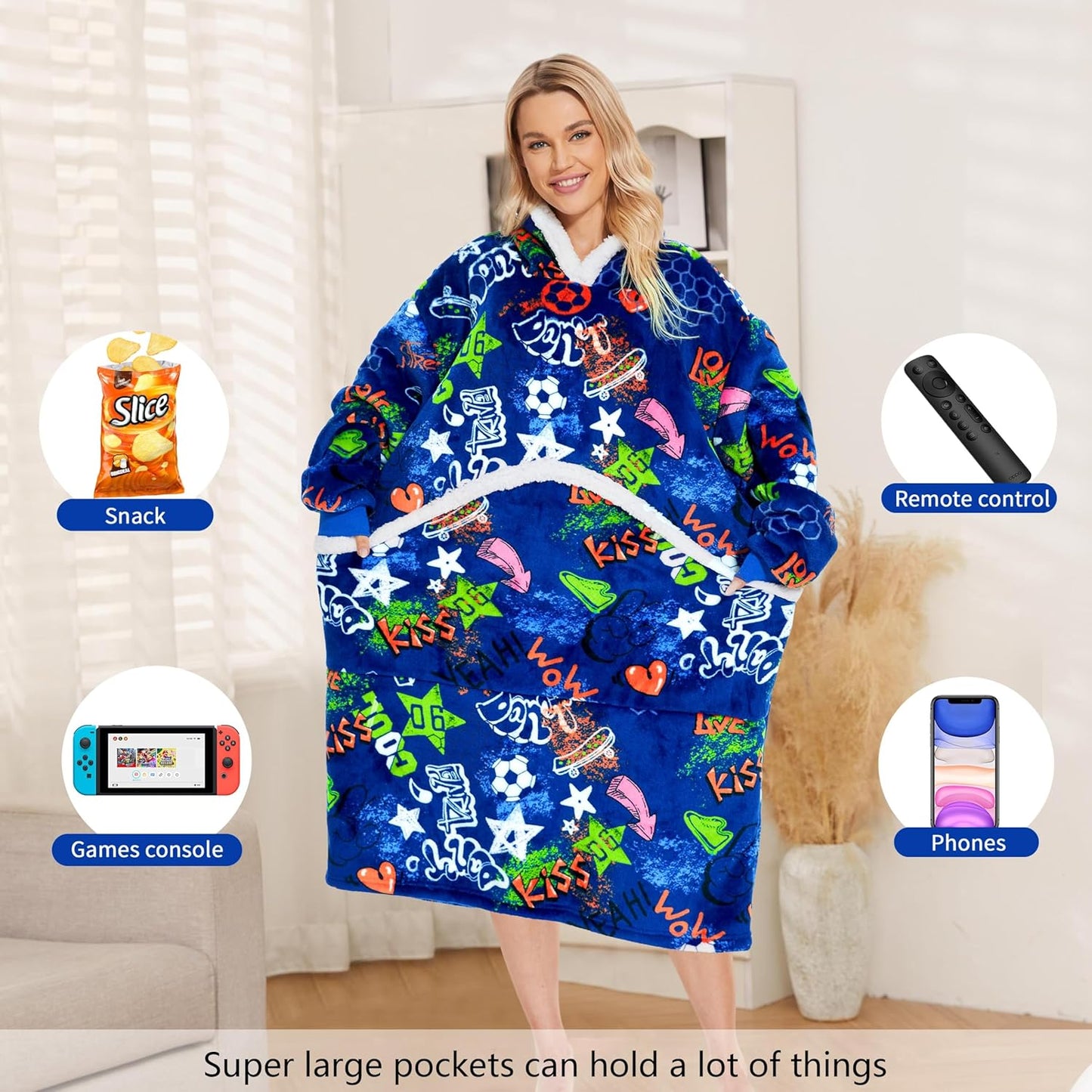 Wearable Blanket Hoodie, Oversized Hoodie Sweatshirt Blanket for Women Men, Warm Gift, Cozy and Fuzzy Sherpa Hoodie Blanket with Giant Pocket and Long Sleeve