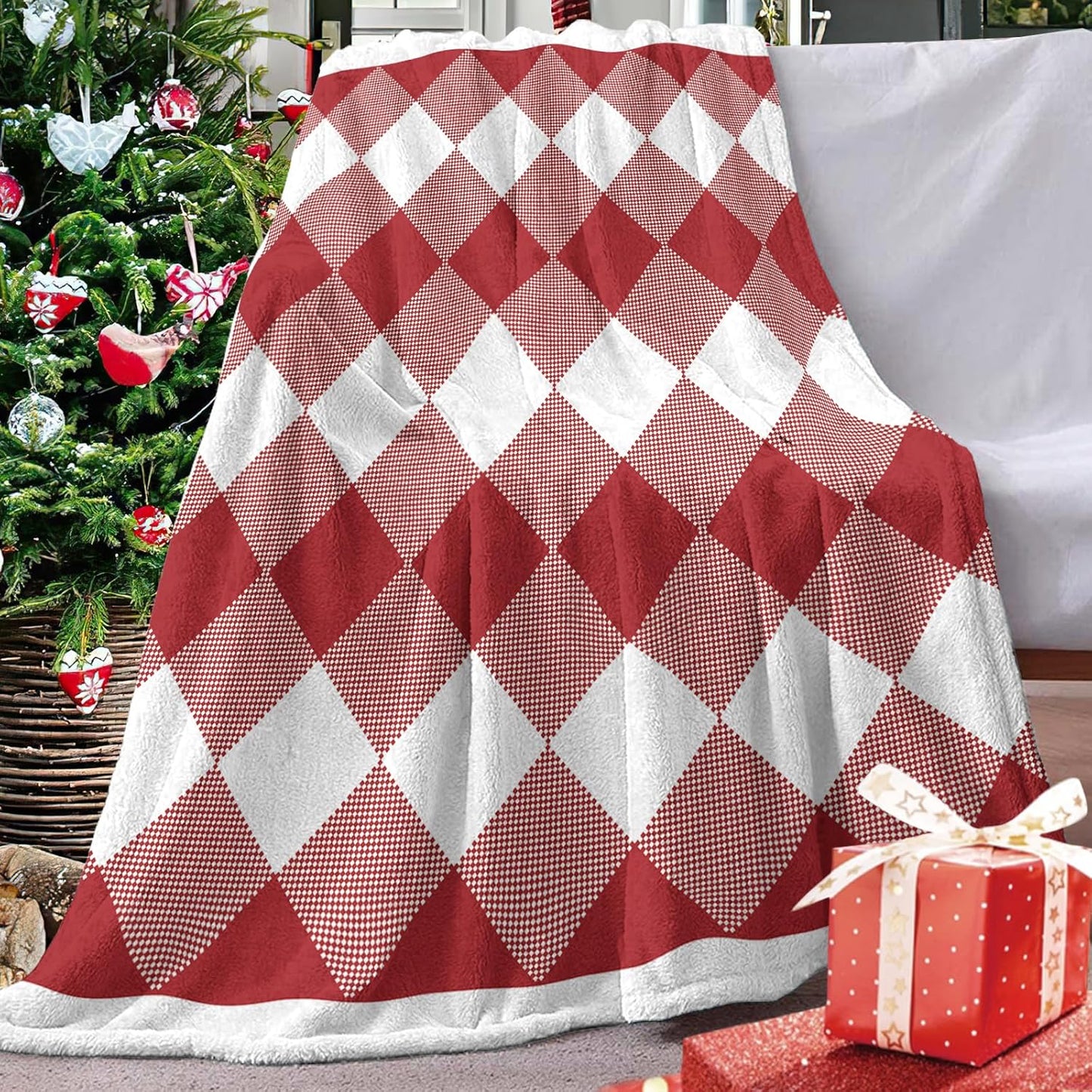 Christmas Red White Buffalo Plaid Check Flannel Throw Blanket, Xmas Birthday Gifts for Kids Men Women, Winter Holiday Soft Blankets for Bedding Sofa 50 x 60 Inches