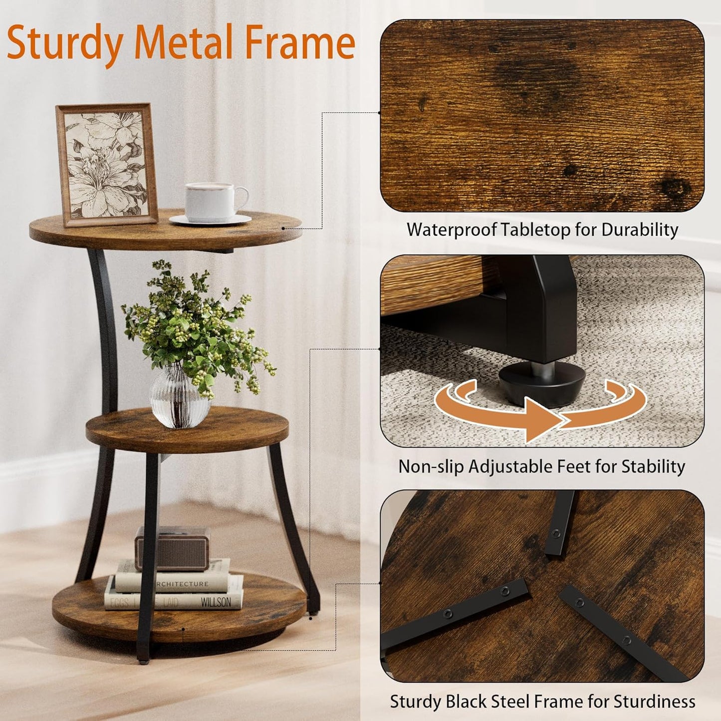 Round Side Table, 15.7" 3-Tier End Table for Living Room, Vintage Accent Table for Small Spaces with Sotage Shelf, Nightstand Wood Metal Coffee Table for Sofa Couch Bedroom, Rustic Brown, Large
