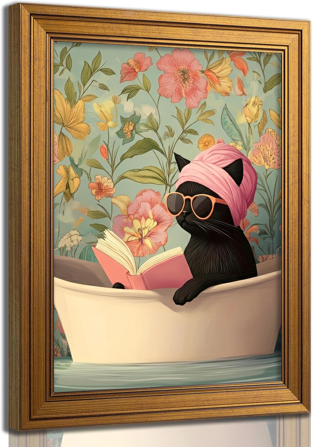 AkmttkDs Vintage Floral Black Cat Bathroom Wall Art, Funny Cat in Bathtub Poster, Retro Boho Flower Botanical Print, Humorous Pet Lover Gift, Unframed 12x16 Inch Canvas Wall Decor for Restroom