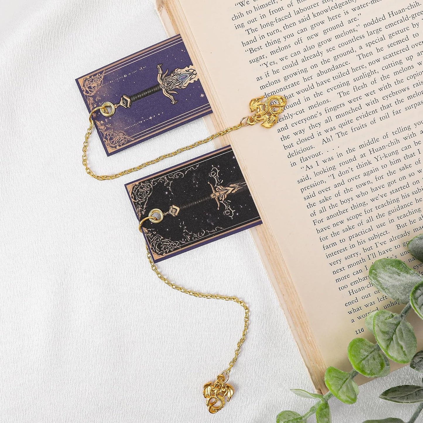 Dragon Sword Bookmark Gifts - 4 Pcs Purple Cool Vintage Bookmarks for Men Reading Lovers Kids Teacher Students Gold Pendant Charm Fantasy Anime Book Marks Office Home Supplies Birthday Gift