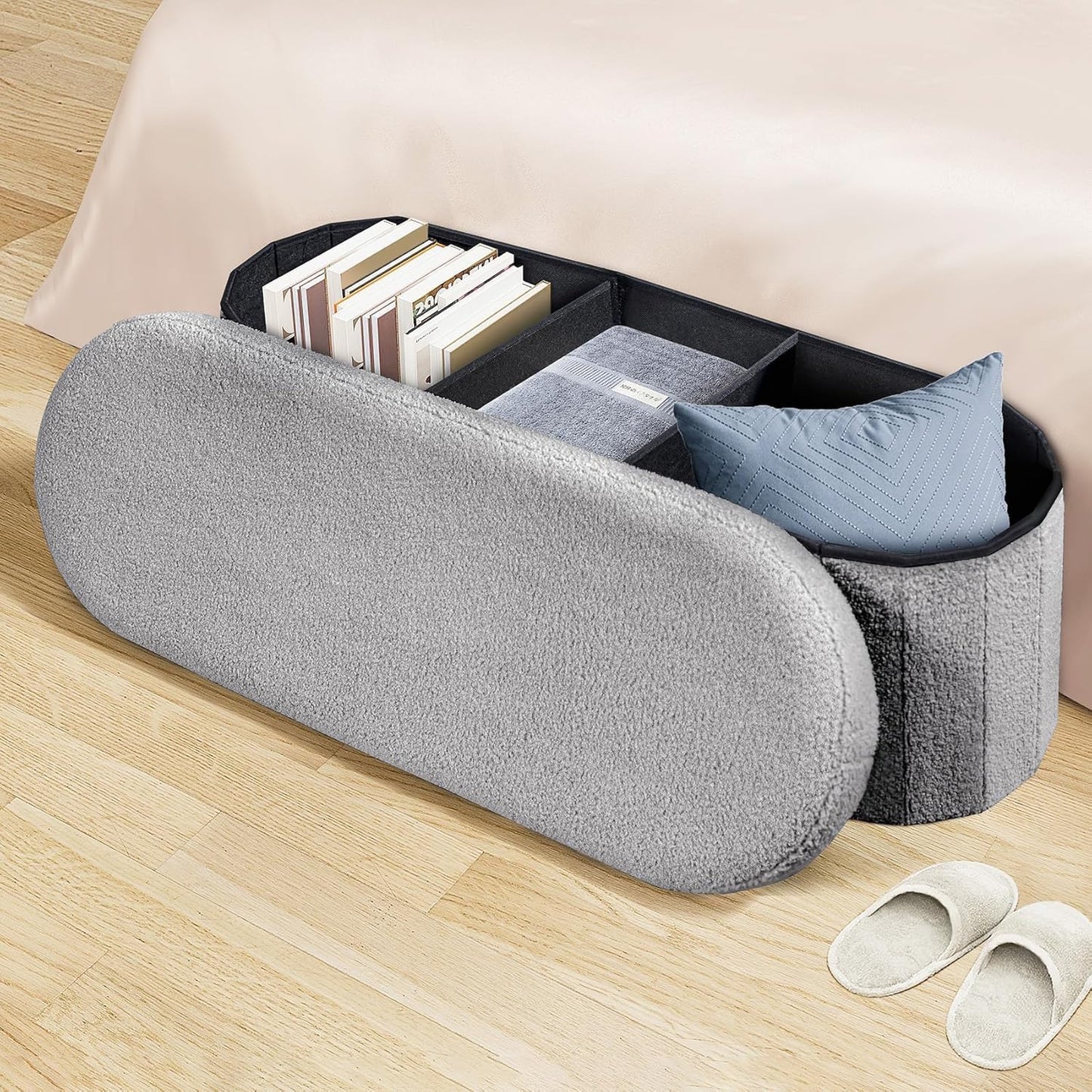 PINPLUS Storage Ottoman Bench Tufted Folding Ottomans Bench Foot Rest, Chest Box Velvet Bench with Storage, 43"x15"x15" (Grey)