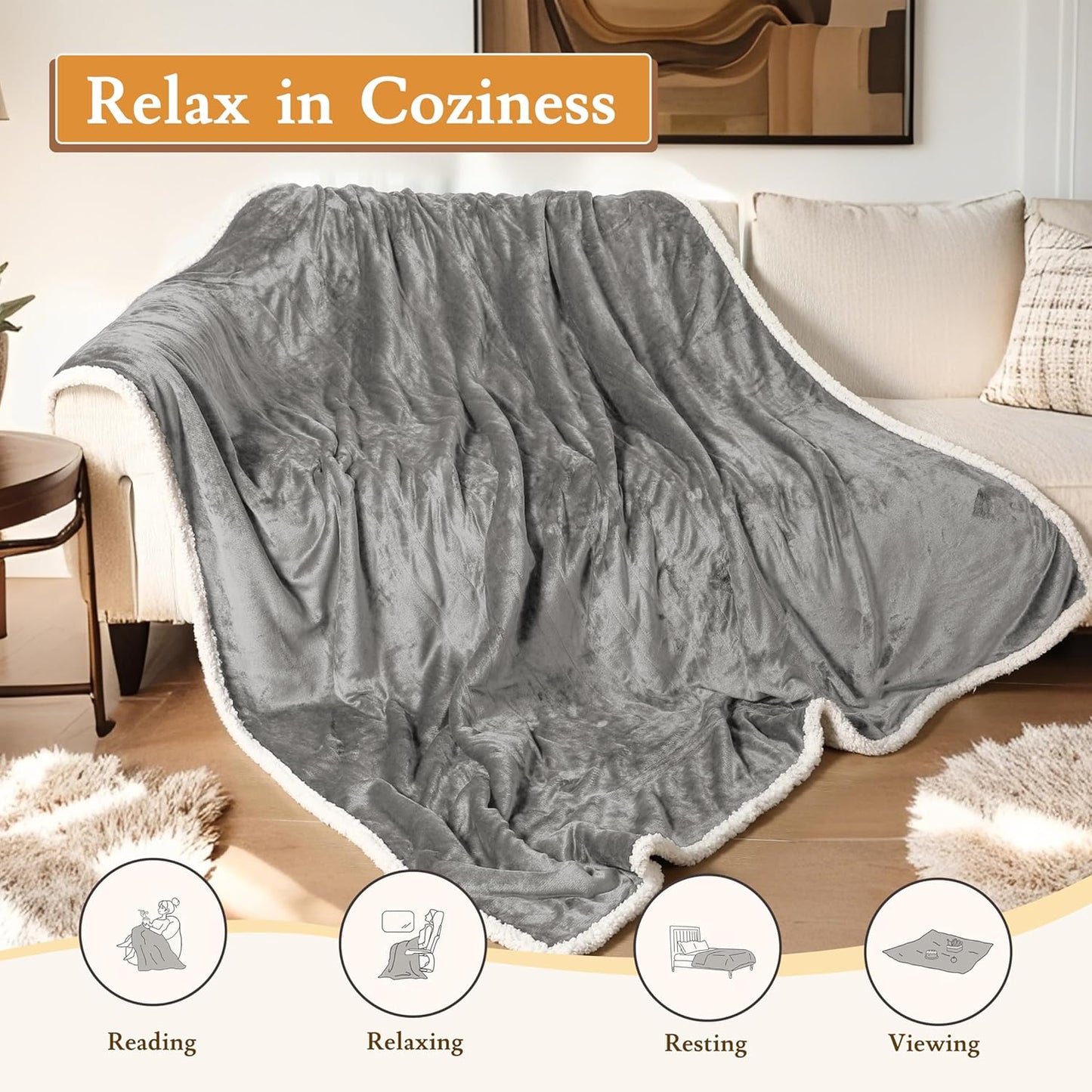Electric Heated Blanket 72"x84" Full Size Flannel & Sherpa - 4 Heat Settings & 10H Auto Shut Off for Safe Overnight Use, Fast Heating, Machine Washable for Bed, Couch, Office - Light Gray