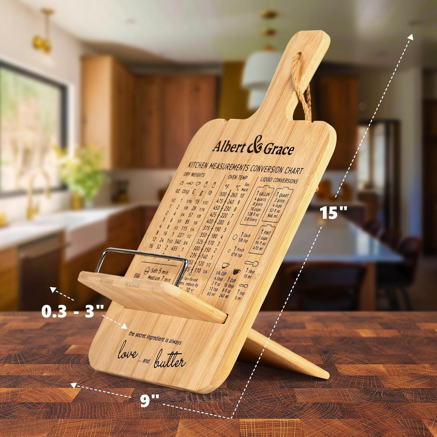 Albert&Grace Adjustable Bamboo Cookbook Stand with Conversion Chart – Recipe Book Holder for Kitchen Counter, Large Wooden Stand for Cookbooks, Tablets, & iPads