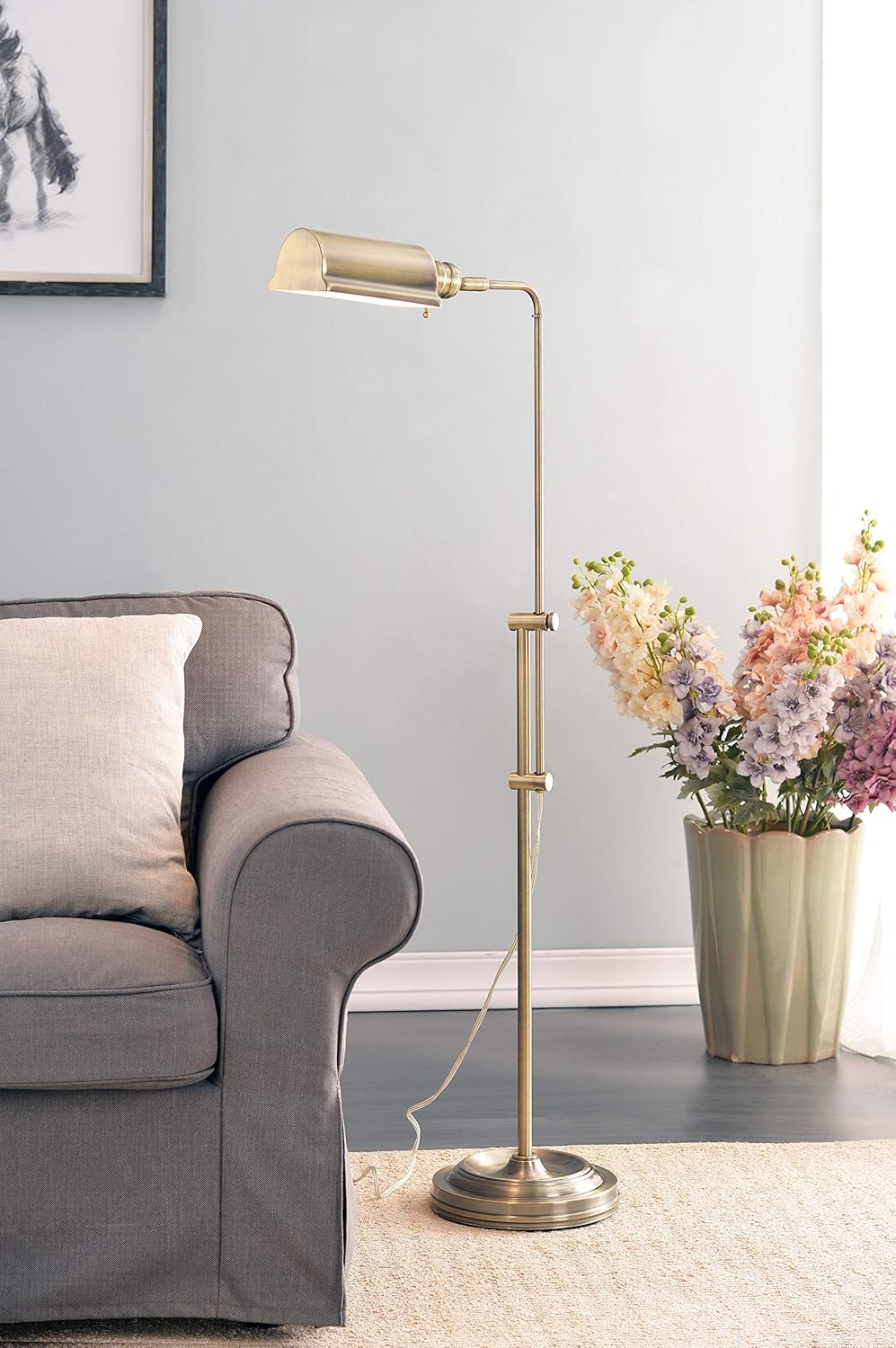 Kenroy Home 33055AB Denton Floor Lamp with Antique Brass Finish, Classic Style, 50" Height, 10.125" Width, 19.5" Depth