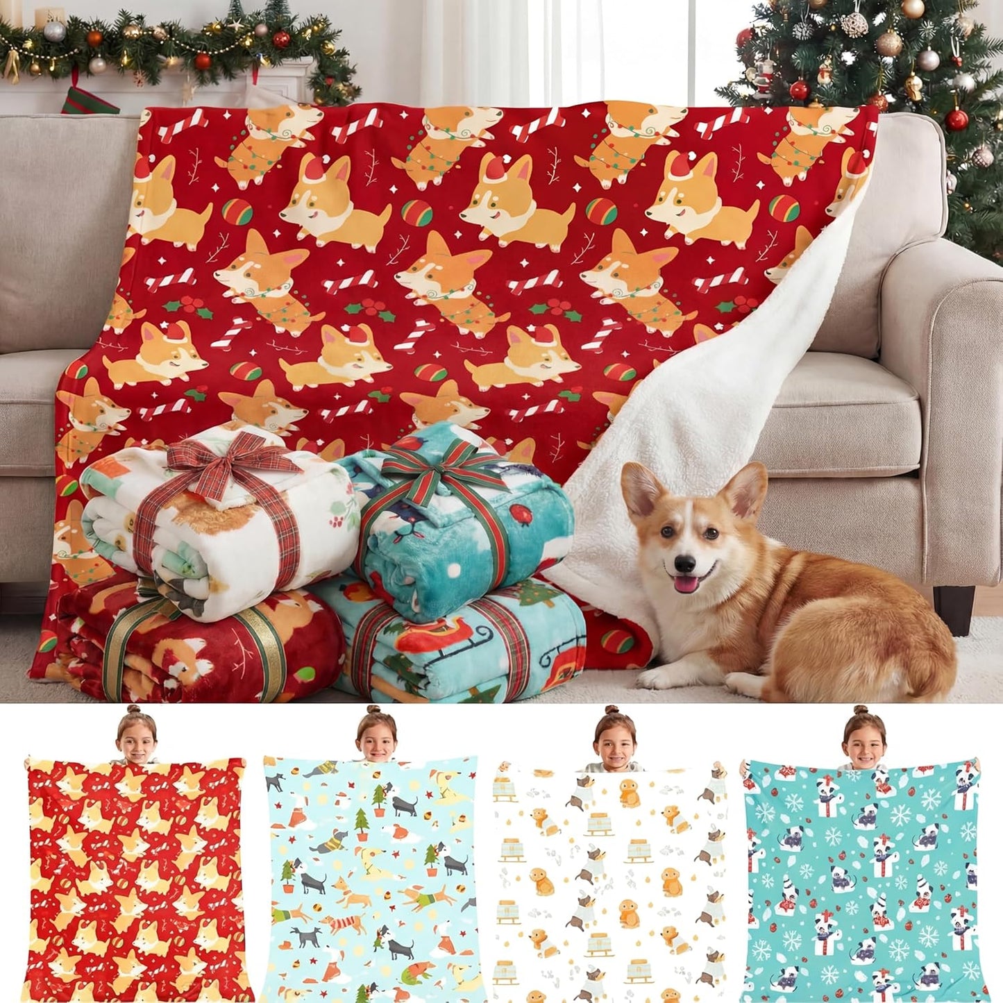 4 Pack Christmas Throws Blanket Bulk Christmas Flannel Blanket for Dog Xmas Lightweight Throw Warm Fluffy Plush Quilt Xmas Fleece Fuzzy Soft Throw for Couch Sofa Chairs, 51”x 59”(Dog)