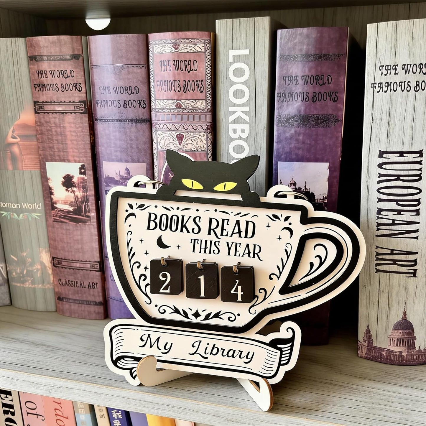 Books Read This Year Counter, Cute Cat Wooden Book Counter Sign, Reading Tracker Sign for Bookshelf Decor, Gifts for Book Lovers Women Readers, Home Library Essentials