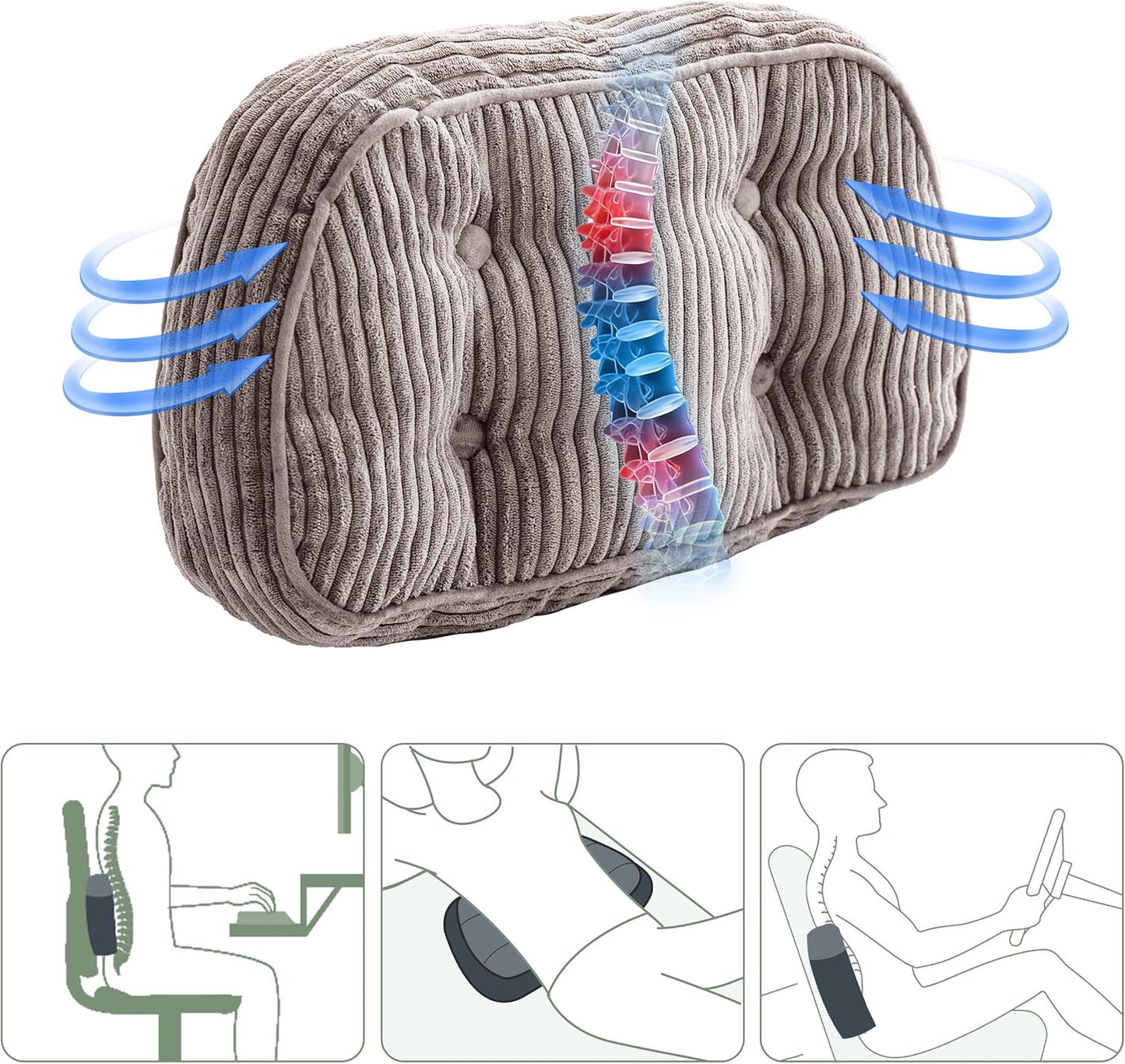 HIGOGOGO Lumbar Support Pillow for Recliner Chair/Accent Chair/Couch/Office Chair, Tufted Corduroy Back Support Cushion for Elderly, Recliner Cushions for Back Rest, Pain Relief, Reading, Grey