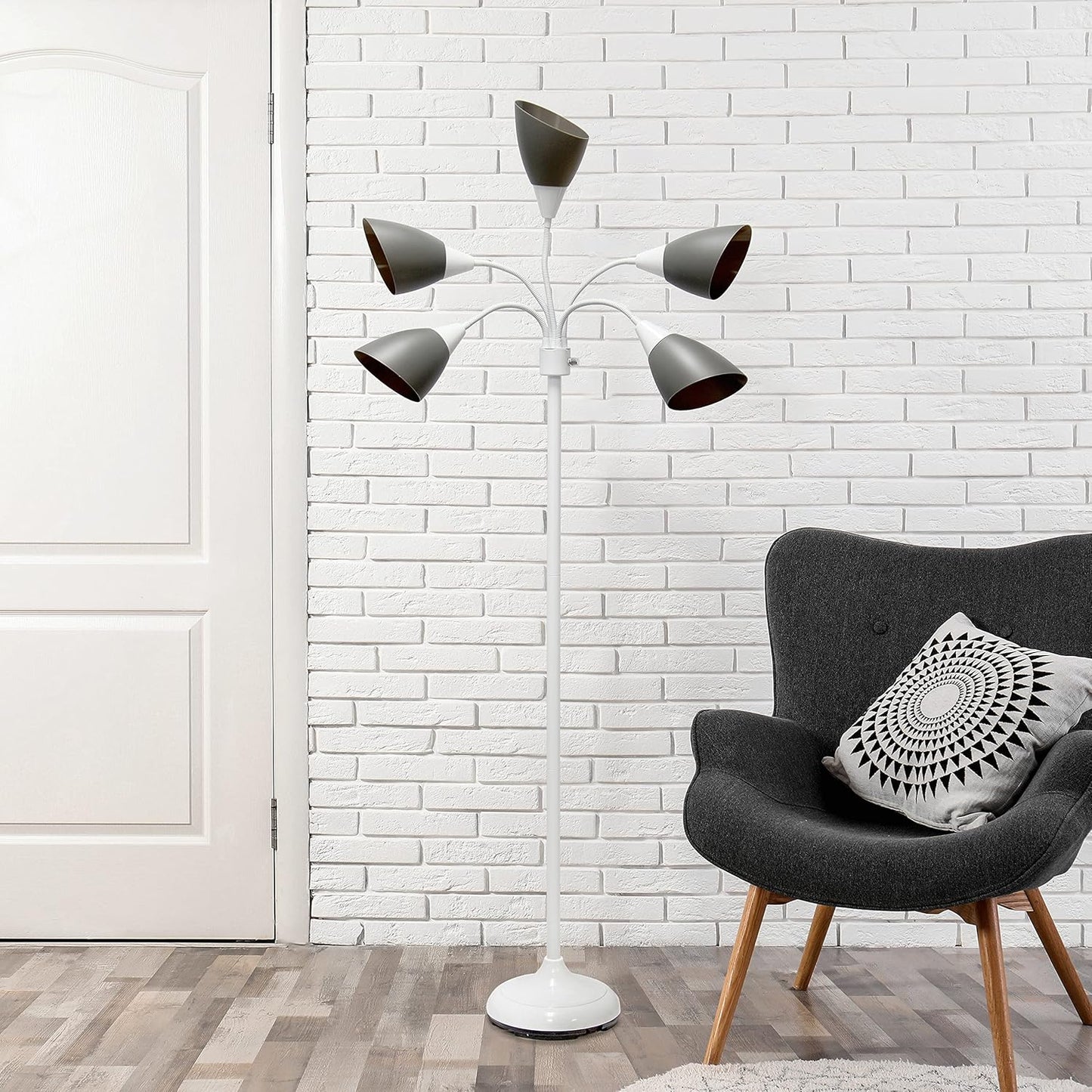 Simple Designs LF2006-GOW 67" Contemporary Multi Head Medusa 5 Light Adjustable Gooseneck White Floor Lamp with Gray Shades for Kids Bedroom Playroom Living Room Office