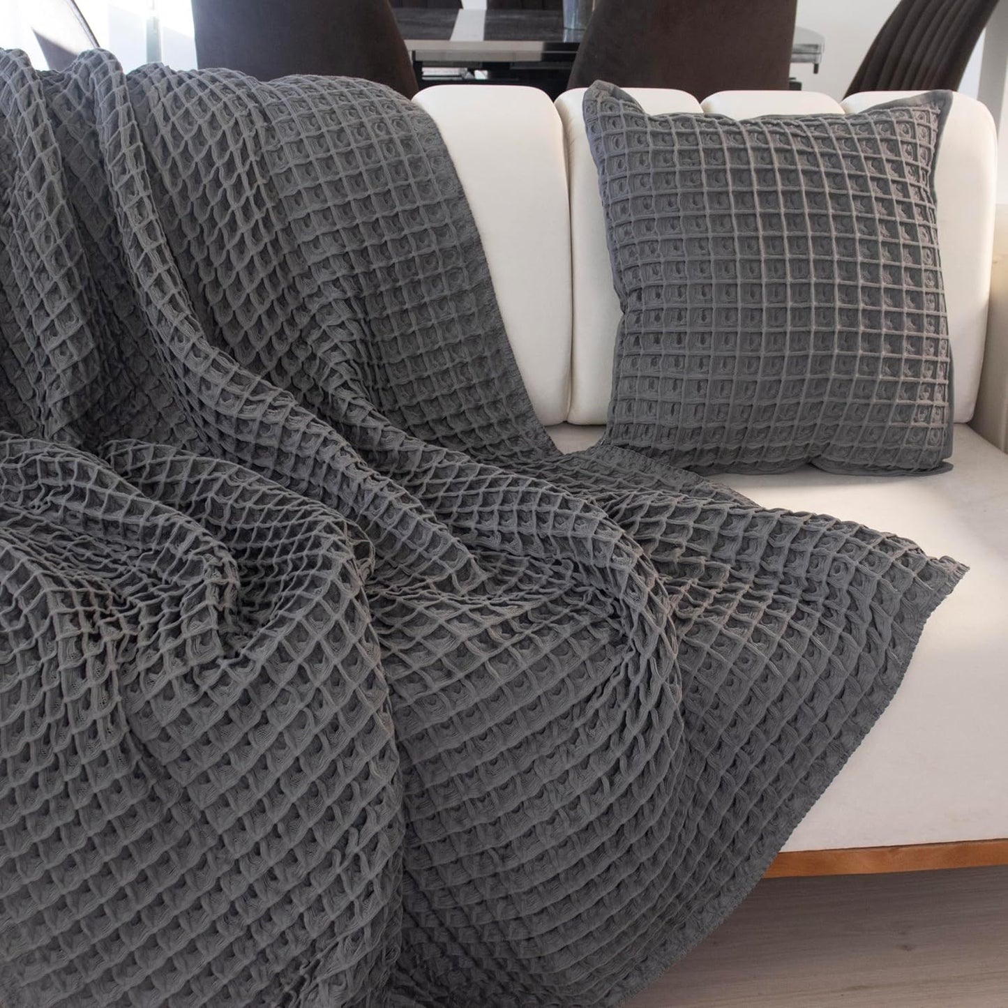 Premium Cotton Waffle Weave Throw Blanket - Large Waffle Style, Decorative, Breathable, Perfect Home Gift (Gray, Throw)