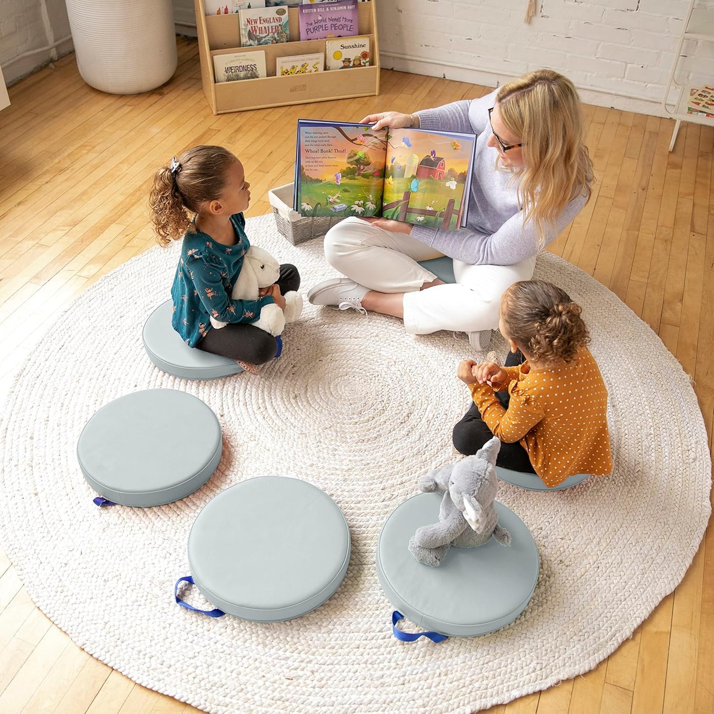 ECR4Kids SoftZone Floor Cushions, Round, Flexible Seating, Light Grey, 6-Piece