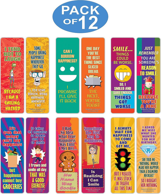 Creanoso Funny One Liners Jokes Happiness Bookmarks Series 3 (12-Pack) – Unique Stocking Stuffers Gifts for Men, Women, Unisex Adults – Cool Book Page Clippers Collection Set – Awesome Giveaways