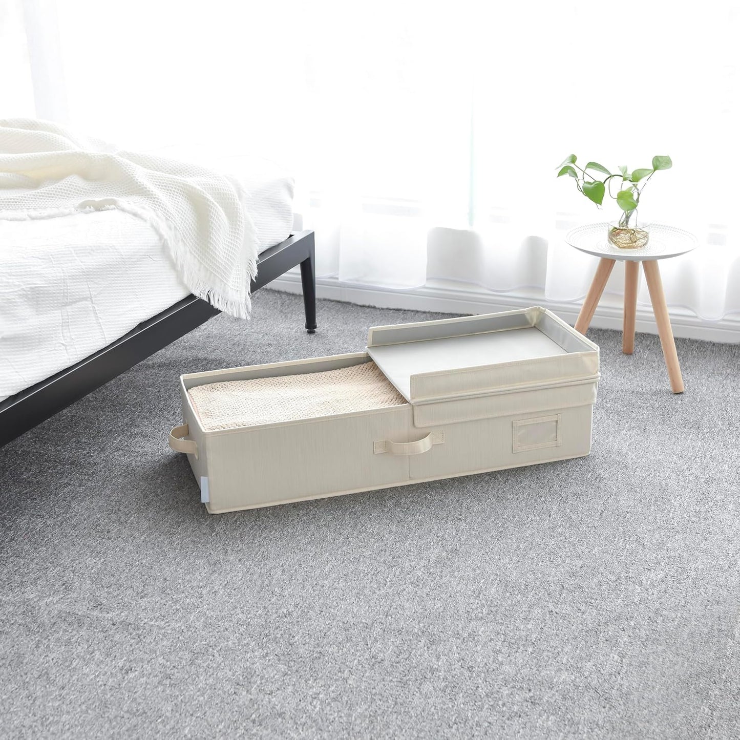 JS HANGER Underbed Storage Containers Bin with Lids, 1 Pack Large Under Bed Storage Organizer Box with Handles, Foldable Under the Storage Bags for Organizing Clothes, Shoes, Blankets, Pillows-Ivory