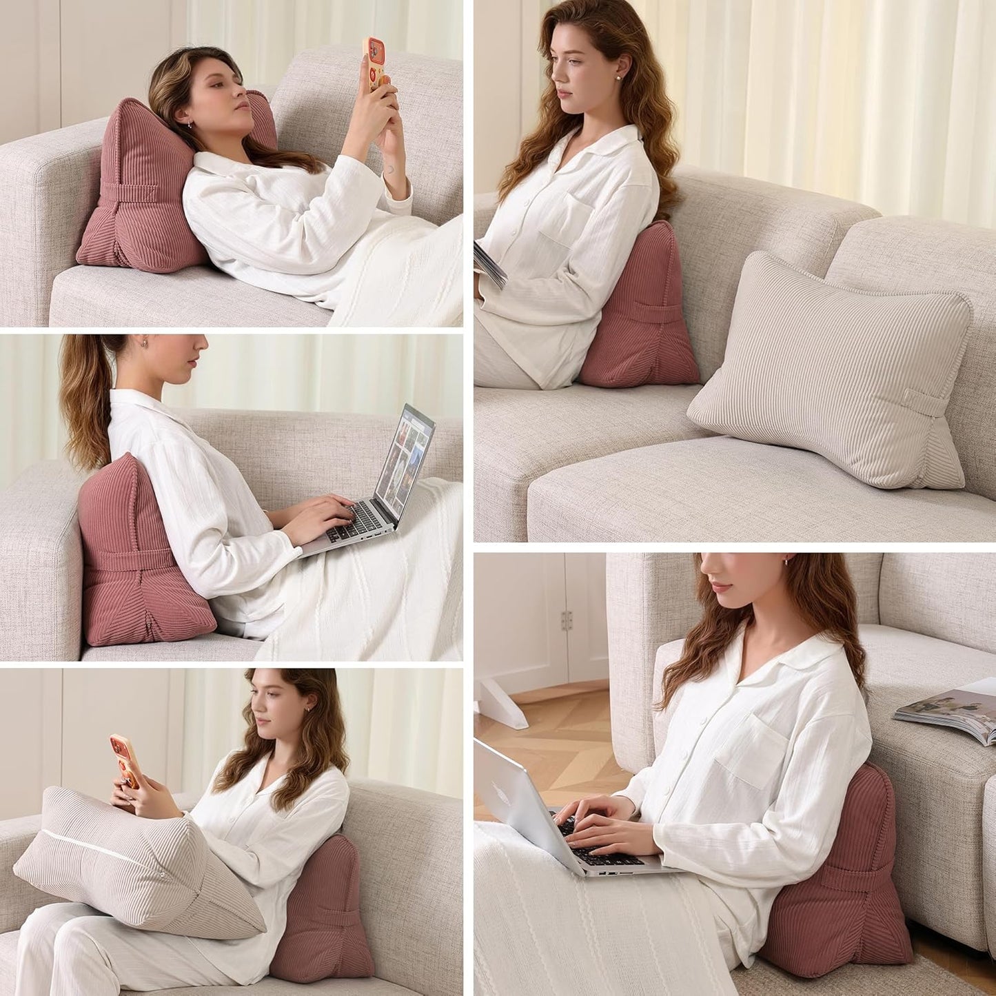 Corduroy Back Pillow for Sitting Up & Reading, Ergonomic Triangle Lumbar Support Cushion for Sofa, Armchair & Bed, Removable Cover, Brick Brown