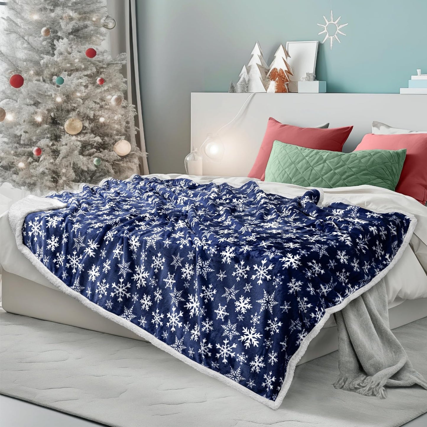 PAVILIA Blue Snowflake Christmas Sherpa Throw Blanket, Reversible Fleece Sherpa Cozy Holiday Blanket 60x80, Soft Winter Throw for Couch & Bed, Plush for Family Friends