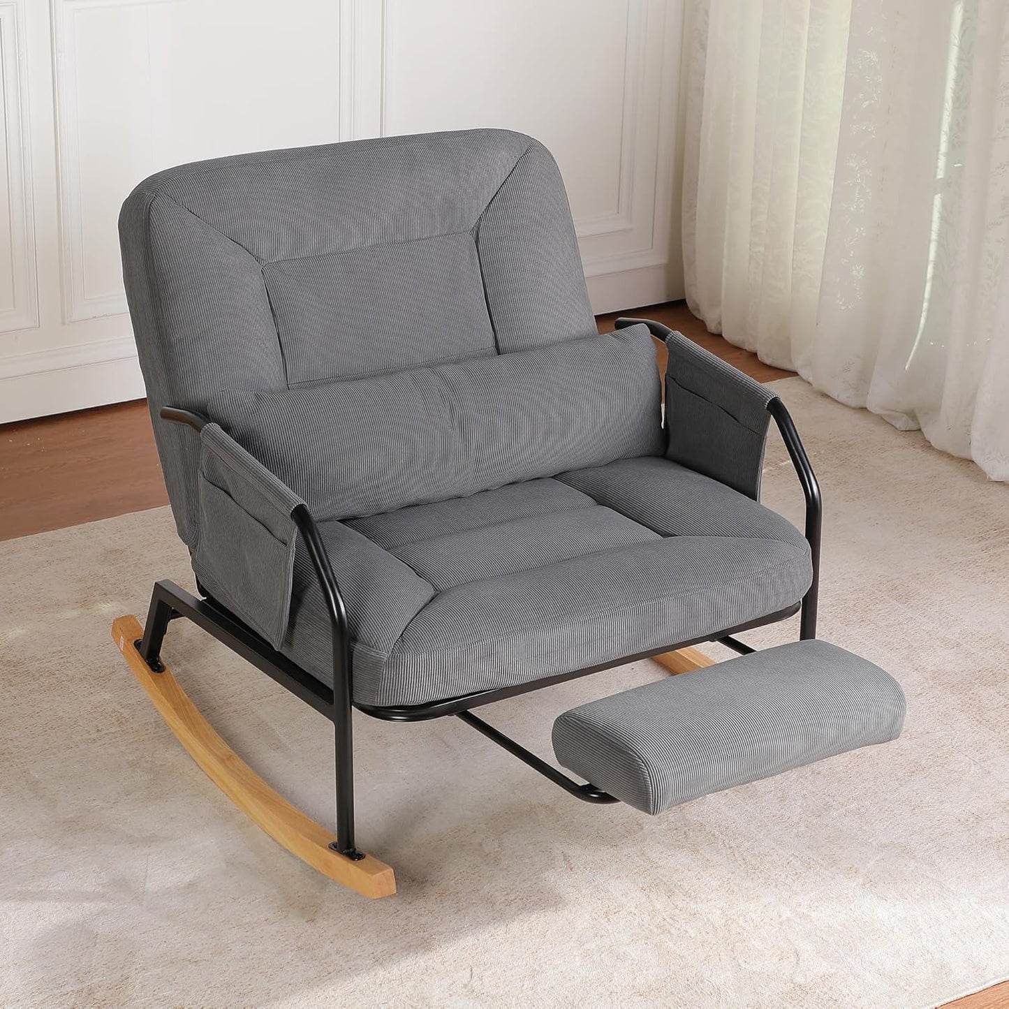 Oversized Reclining Rocking Chair with Foot Rest, 110°–160° Adjustable Backrest, Upholstered Armchair with Side Pocket for Nursery and Living Room, Grey